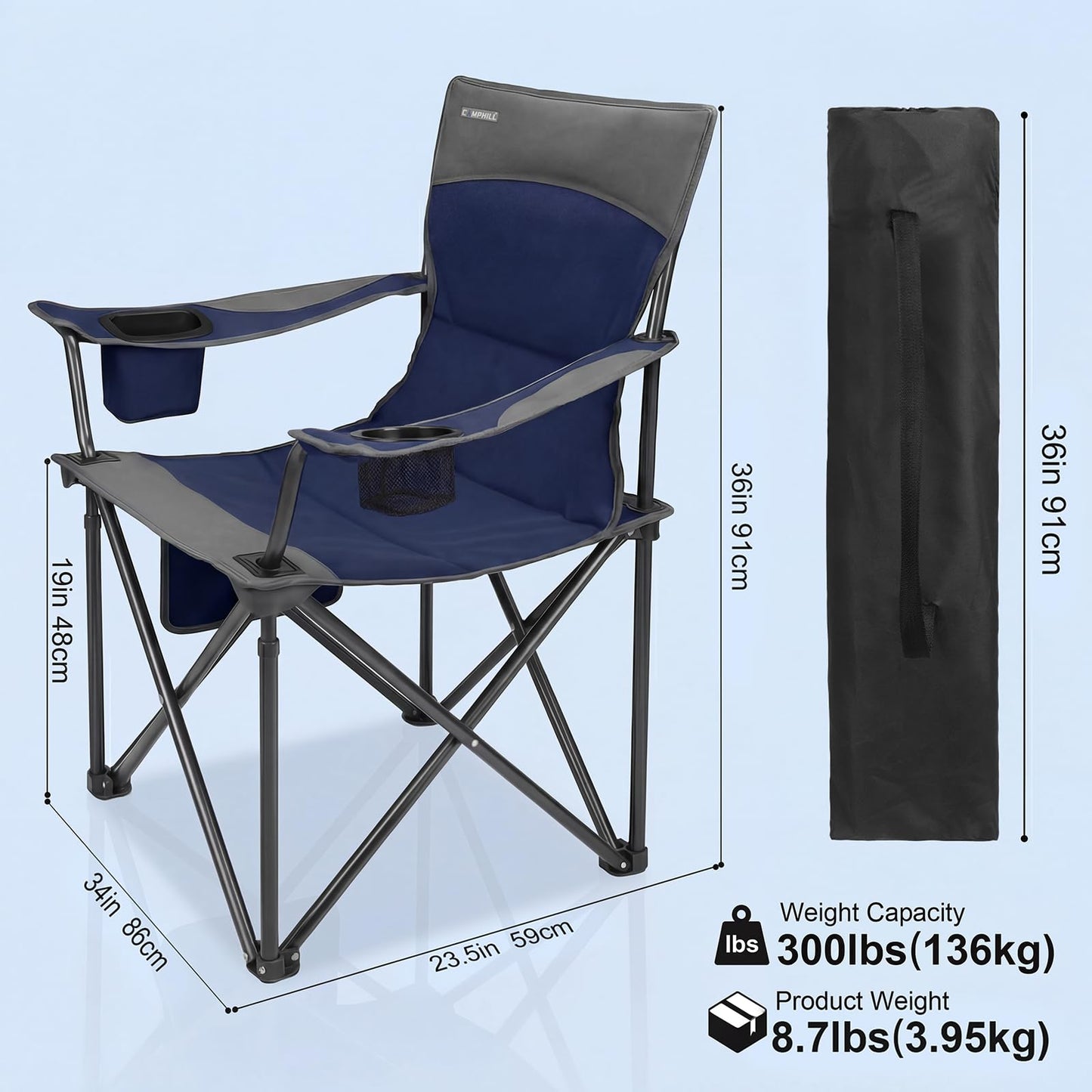 Oversized Camping Chair for Adults - 2 Pack Padded Lawn Chairs with Cup Holder & Side Pocket,Heavy Duty Folding Outdoor Chairs for Camp,Sports,Picnic,Beach,Dark Blue