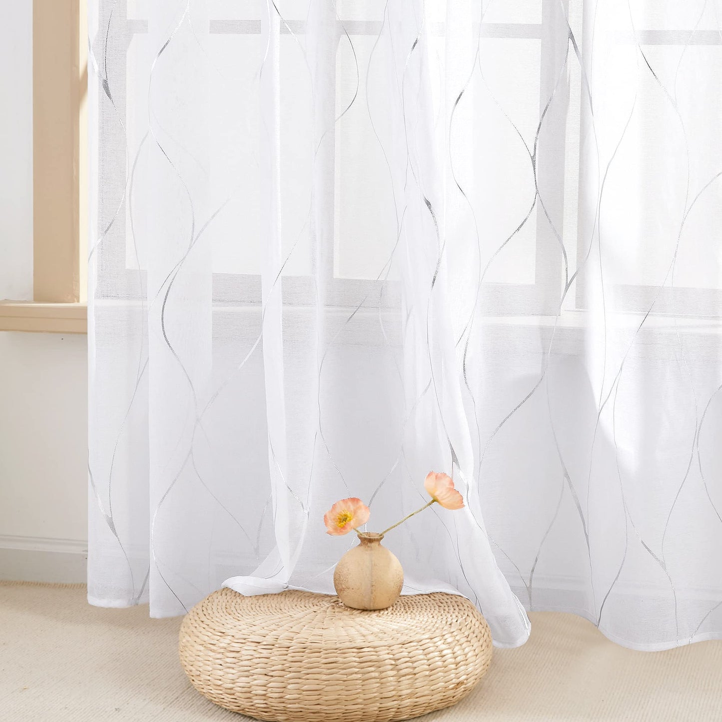 Deconovo Semi Sheer Curtains 2 Panels, 52W x 84L Inch Each, Grommet Top Voile, Light-Filtering Day Privacy, Silver Wave Foil Pattern, Living Room/Bedroom Window Drapes, Easy Hang
