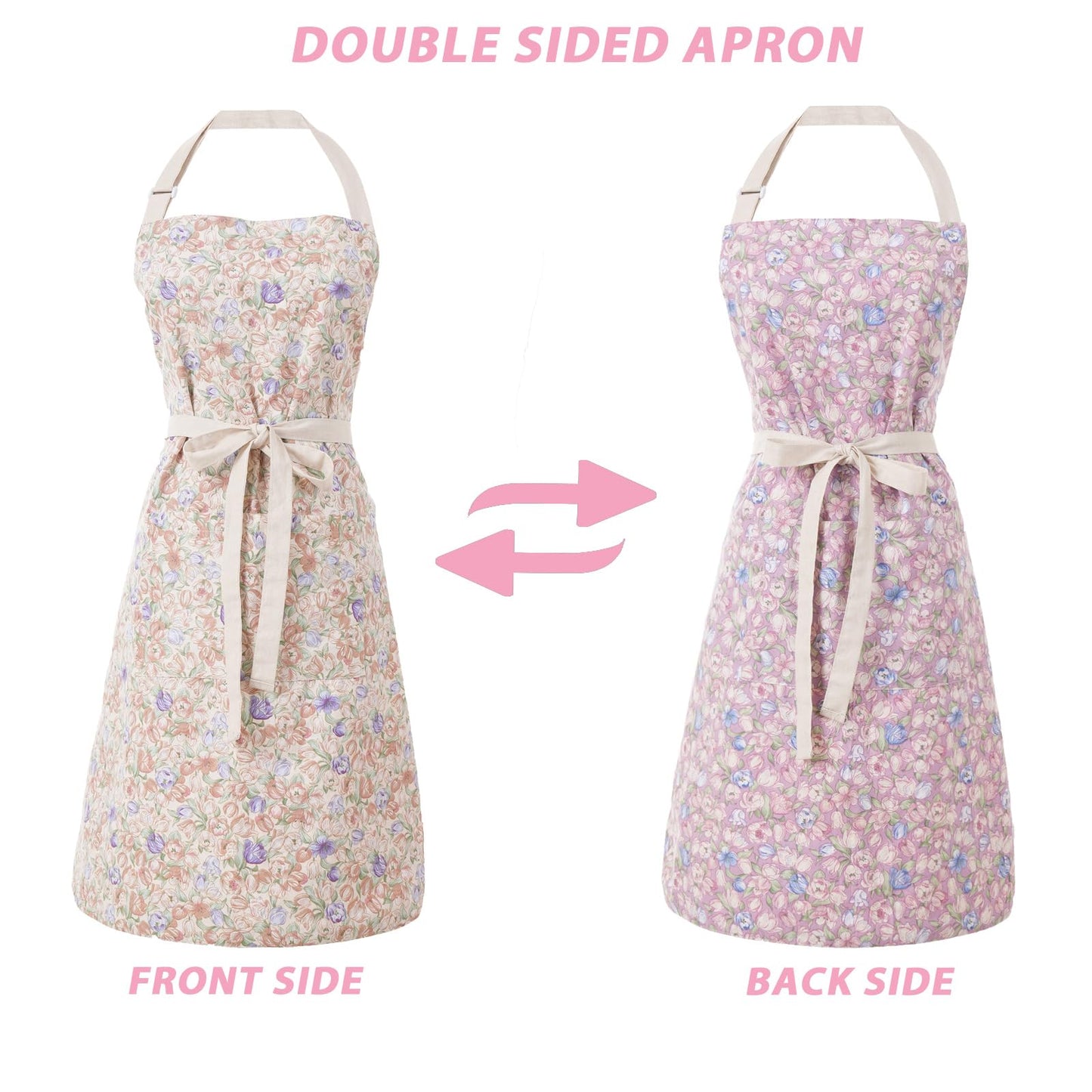 Aoomzoon Kitchen Aprons for Women with 2 Pockets,Double Sided Vintage Adjustable Apron for Gardening Cooking Arting Painting (Brown/Pink Flowers)
