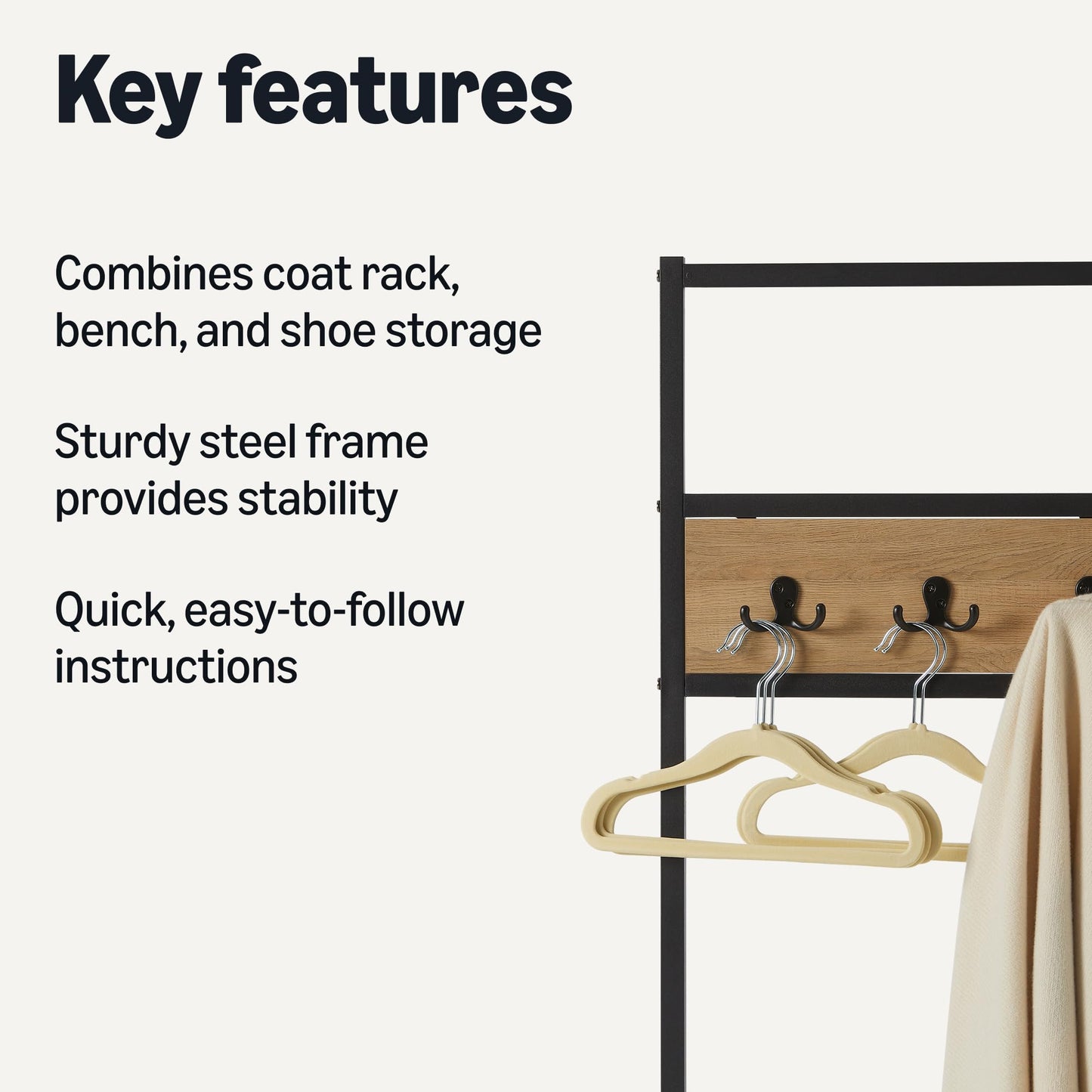 Amazon Basics Entry Bench with Hooks, Hall Tree with Shoe Storage, Steel Frame, Oak Finish
