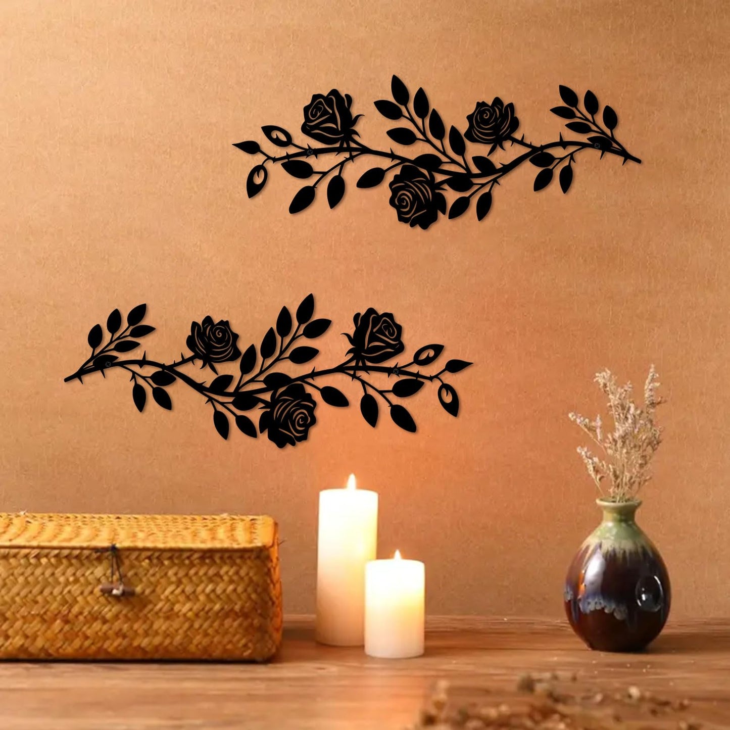 DUOOLN 2 Pcs Metal Rose Tree Leaf Wall Decor, Long Iron Scroll Vine Wall Art, Rustic Hanging Sign Flowers Sculpture, For Above Door Living Room Office Indoor And Outdoor Decoration - Black