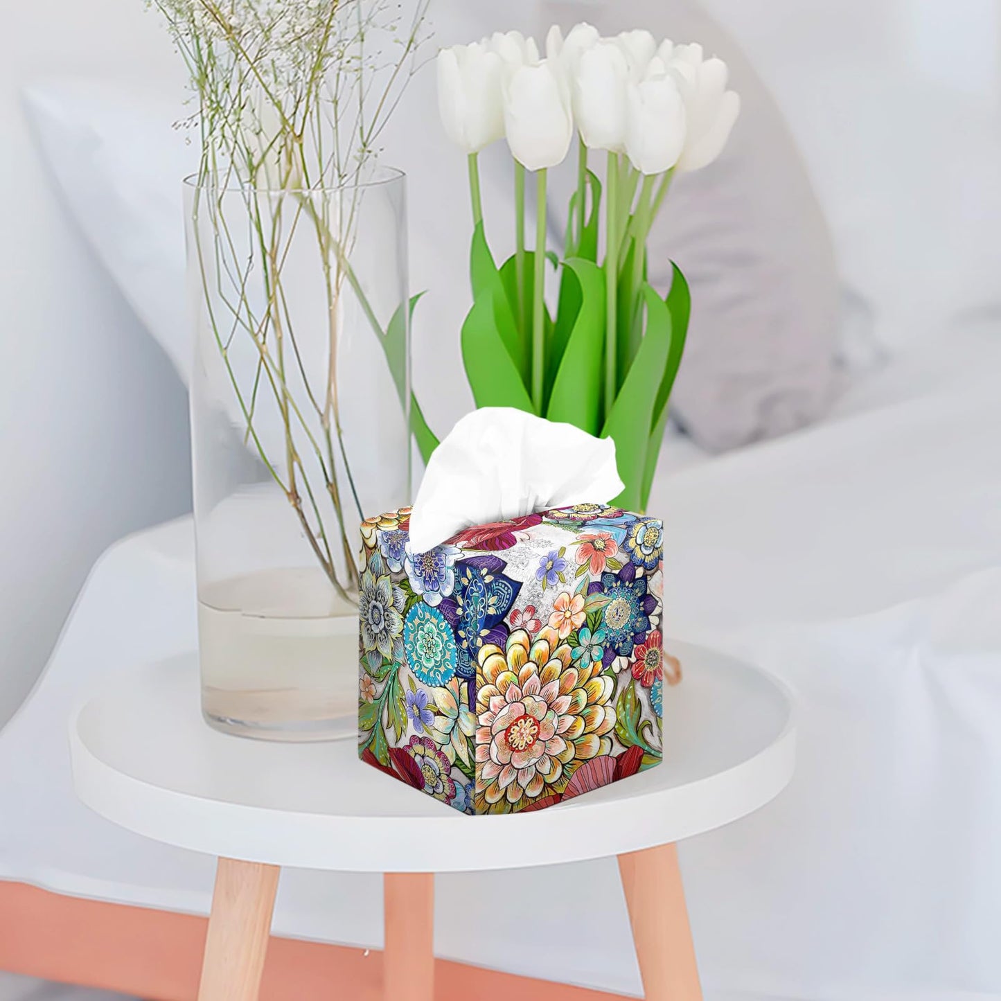 Tissue Box Cover Square Velvet Decorative Tissue Box Holder Cute Funny Cube Tissue Case Cover-Boho Floral Tissue Box Cover