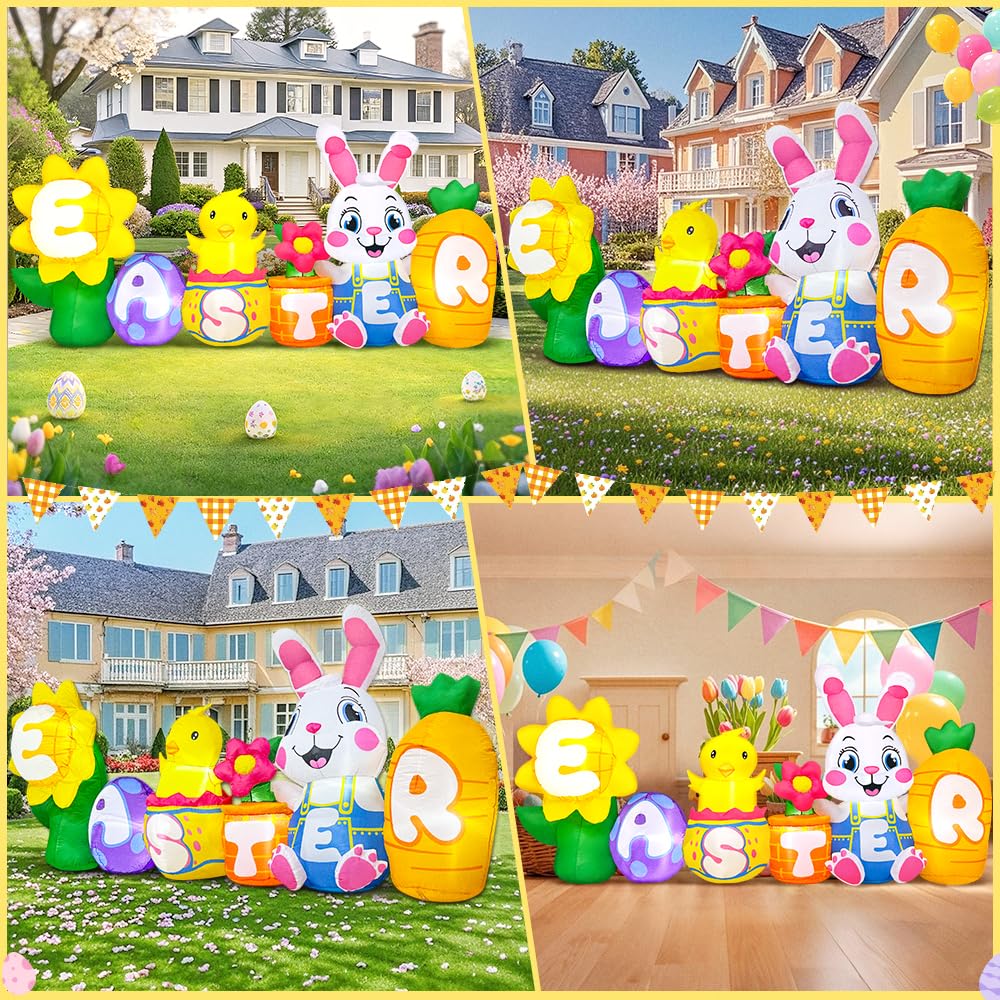 KOOY 8FT Long Easter Inflatables Bunny Outdoor Decorations with Egg Chick Carrot and Sunflower, Built-in LED Lights Easter Blow Up Yard Decorations for Lawn Garden Holiday Party