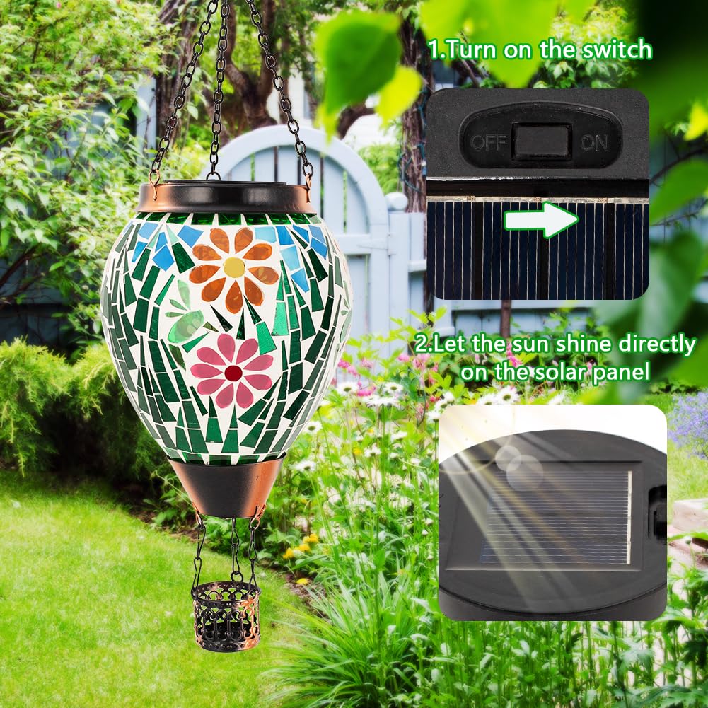Giole Mosica Hot Air Balloon Solar Lantern, Flower Pattern Glass Hanging Solars Lanterns Outdoor Waterproof Decorative Solar Light for Garden, Yard, Patio Decor
