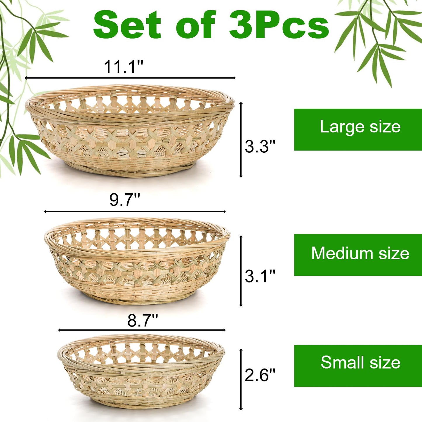 ZENFUN 3 Packs Round Woven Bread Basket, Bamboo Serving Trays, Handwoven Baskets Fruit Basket, Rattan Serving Baskets for Daily Dinning, Kitchen Organization, Stackable