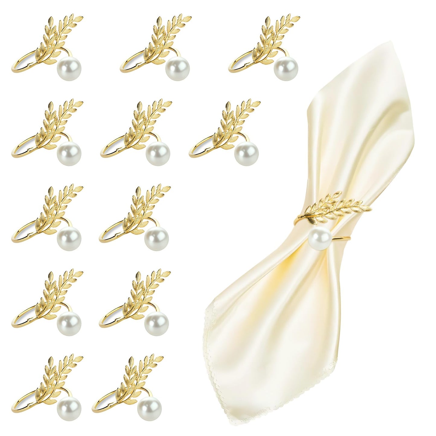 FrutPunch Gold Napkin Rings, Metal Wheat Ear Pearl Shaped Napkin Rings Set of 12, Suitable for Family Dinner, Wedding, Party, Table Decoration, Christmas