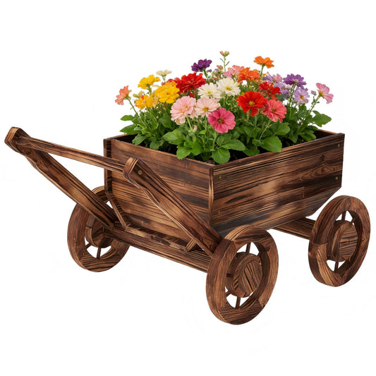 Wooden Flower Cart with Wheels Wooden Wagon Planter Outdoor Garden Planter Decor Planter Kit for Patio Balcony Trolley Decoration Succulent Flower Pot, Indoor Backyard Balcon Decor（Small）