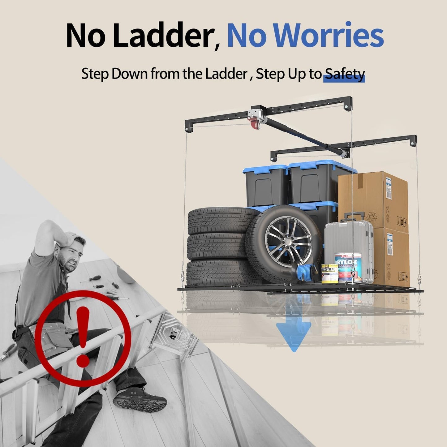 KOKORACKER Overhead Garage Storage Lift, Adjustable Heavy-duty 4x4 Ft Ceiling Racks with Safety Lock, Ideal for Storage Lifting Organization System, 250lbs Capacity
