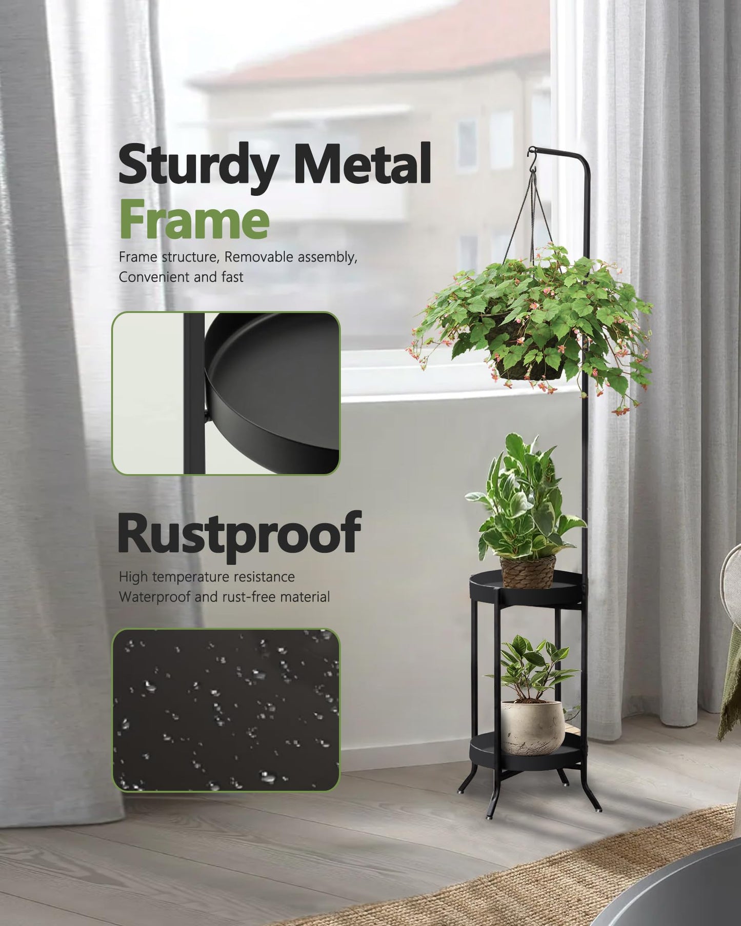 RINBOU 2Pcs Hanging Plant Stand Indoor Outdoor, Space-Saving Corner Metal Plant Shelf 3 Potted Flower Pot Stand, 2 Tier 61" Tall Modern Planter Holder for Patio Garden Balcony Living Room Bedroom