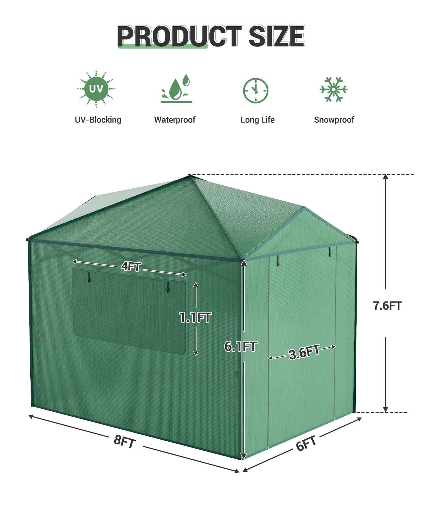6x8 FT Pop-Up Greenhouse with Durable PE Cover, 96"x144" Large Grow Tent for All Seasons | Features Zippered Doors & Mesh Windows for Indoor/Outdoor Plants, Easy to Assemble (Green)