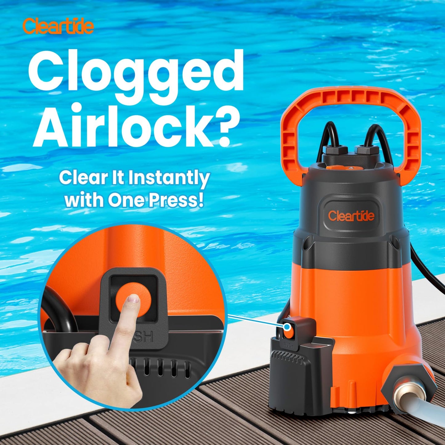 Cleartide 1/4 HP Submersible Utility Pump, 2160 GPH High Flow, Thermoplastic Portable Sump Pump with Auto Water Sensor, Ideal for Pool, Flooded Basement, Hot Tub, Pond & Garden Draining,10 FT Cord