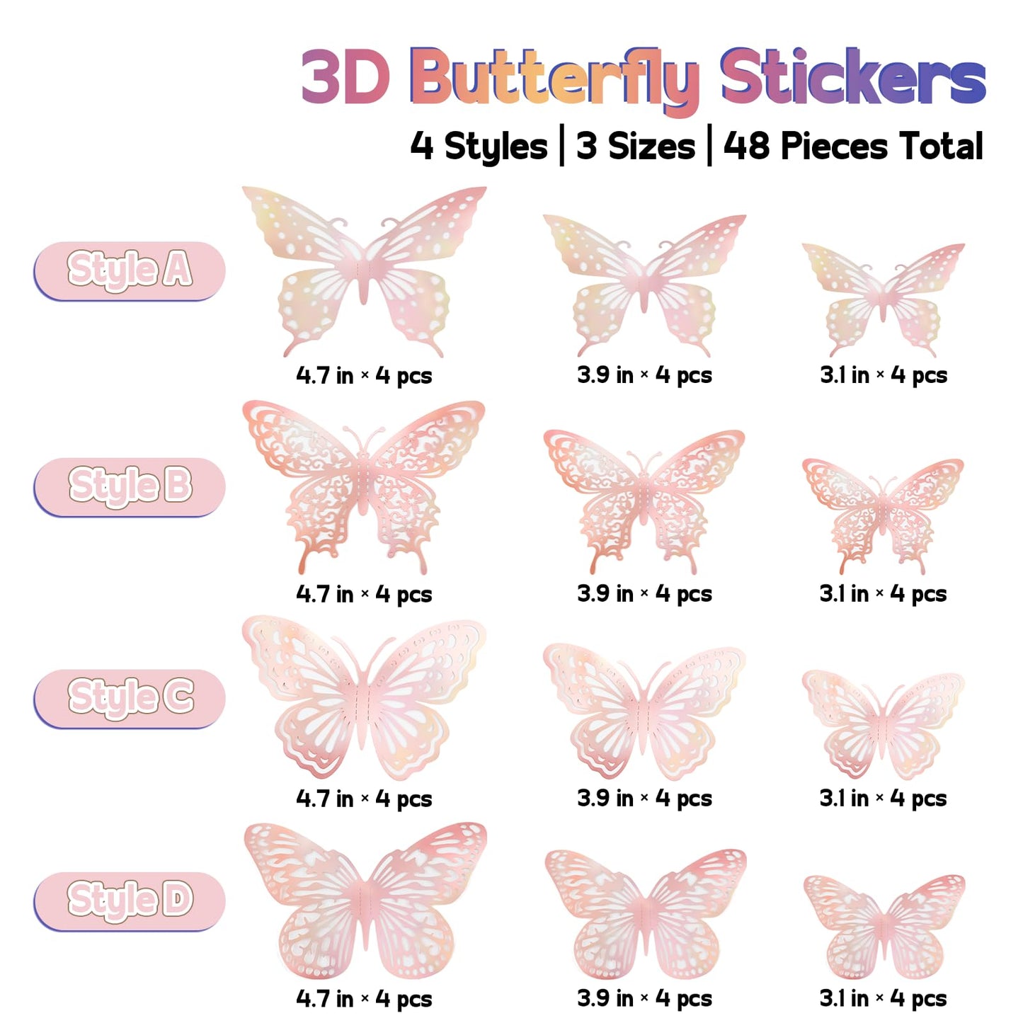 Phuryllic Butterfly Wall Decor, 48pcs 3D Butterfly Stickers in 3 Sizes & 4 Styles for Balloon Arch & Cake Decorations, Cute Decals for Girls Room & Birthday Party, Laser Pink