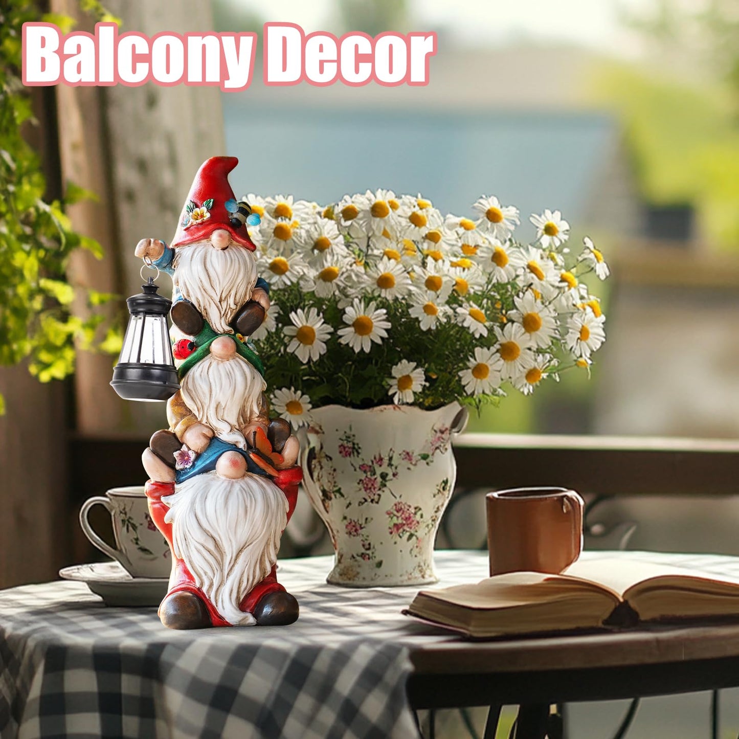 twinbling Garden Gnome Statue with Solar Lights Garden Sculptures Funny Triple Gnome Outdoor Patio Lawn Yard Balcony Home Decor Birthday Gift for Mom Woman Grandma 12 in Mothers Day Gnomes