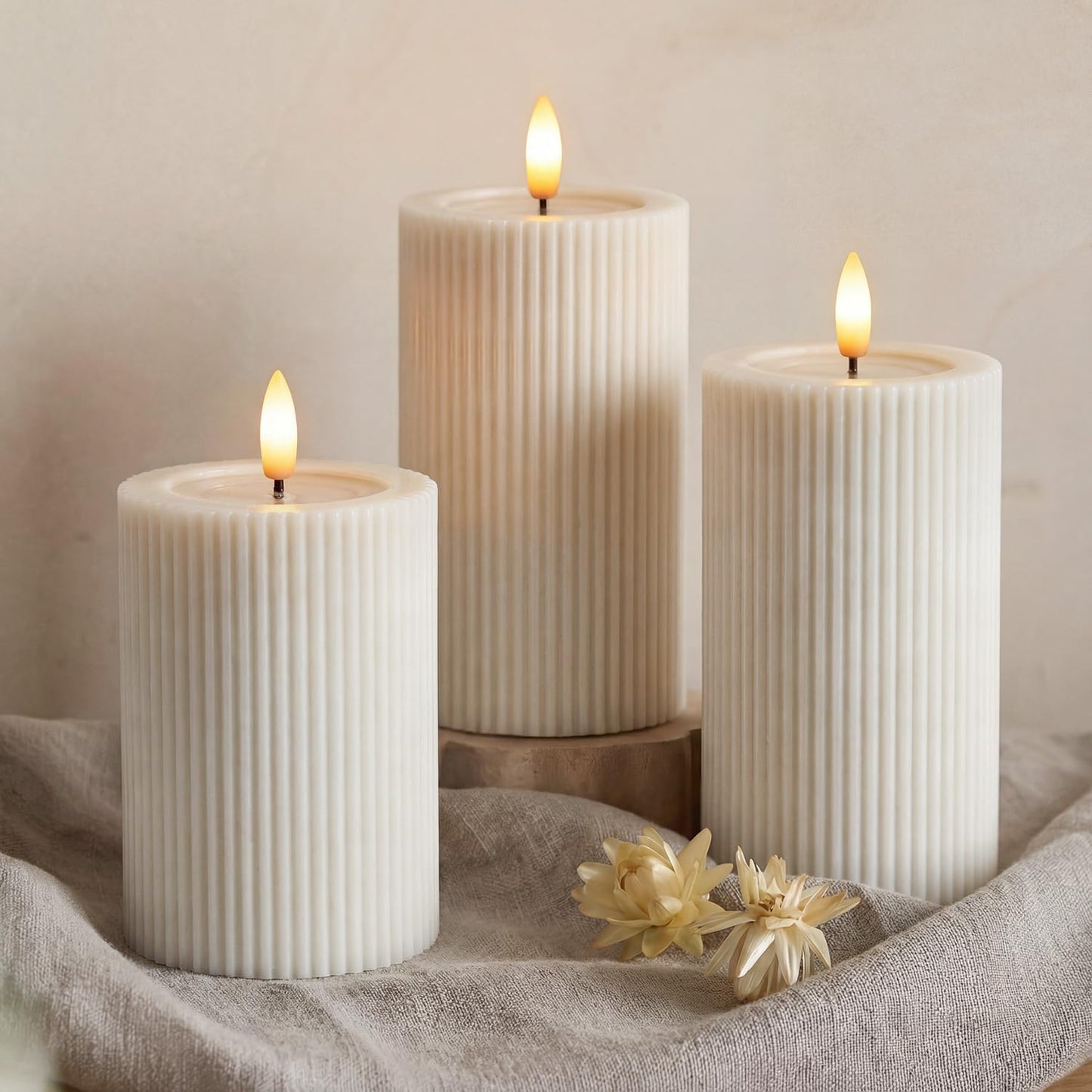 West Ivory Fluted Ribbed LED Pillar Candles, Cream Beige, with Reflective Melted-Wax Effect – Flickering Flame, Remote, Dimmable, Flameless, Battery Operated, Home & Wedding Decor (Set of 3)