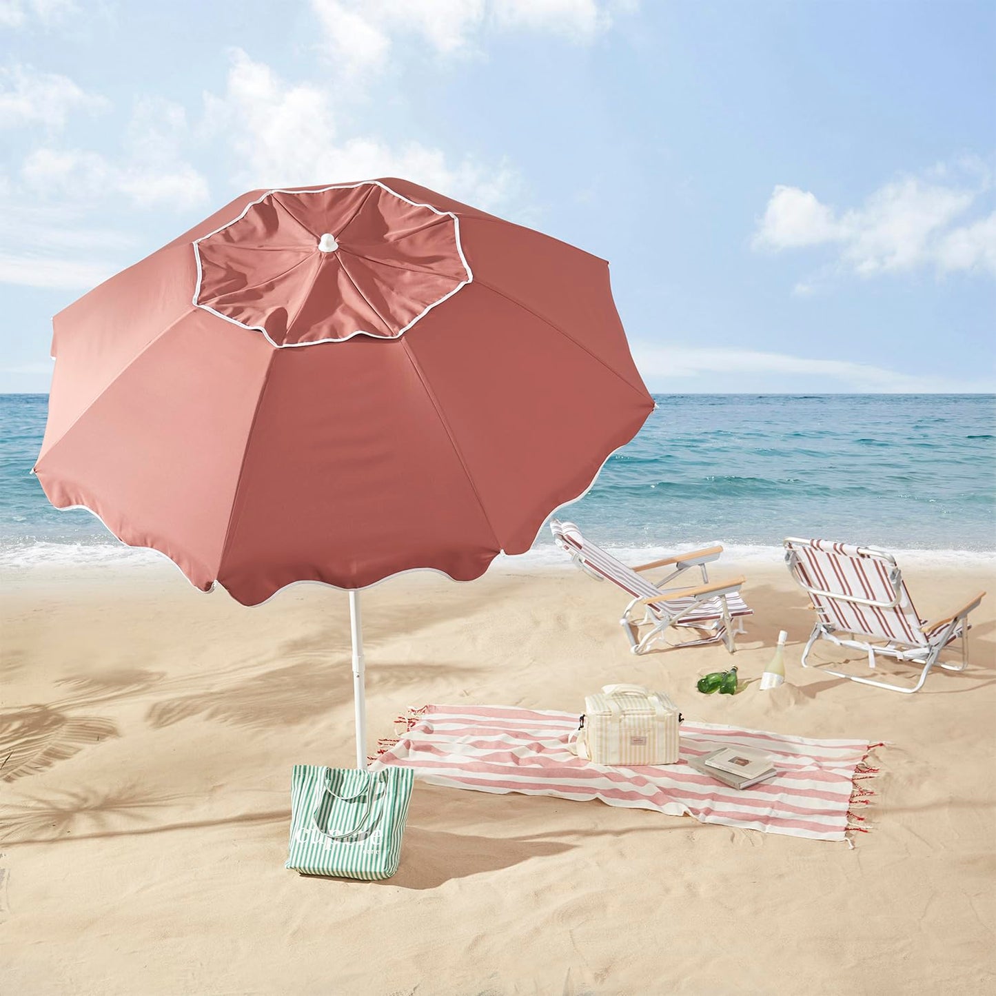 DEER LAND 7.2FT Patio Beach Umbrella, UPF 50+ Sun Protection, Adjustable Height and Tilt, Wind-Resistant Fiberglass Ribs, Portable 2-Fold Design, Includes Carry Bag, Base Not Included