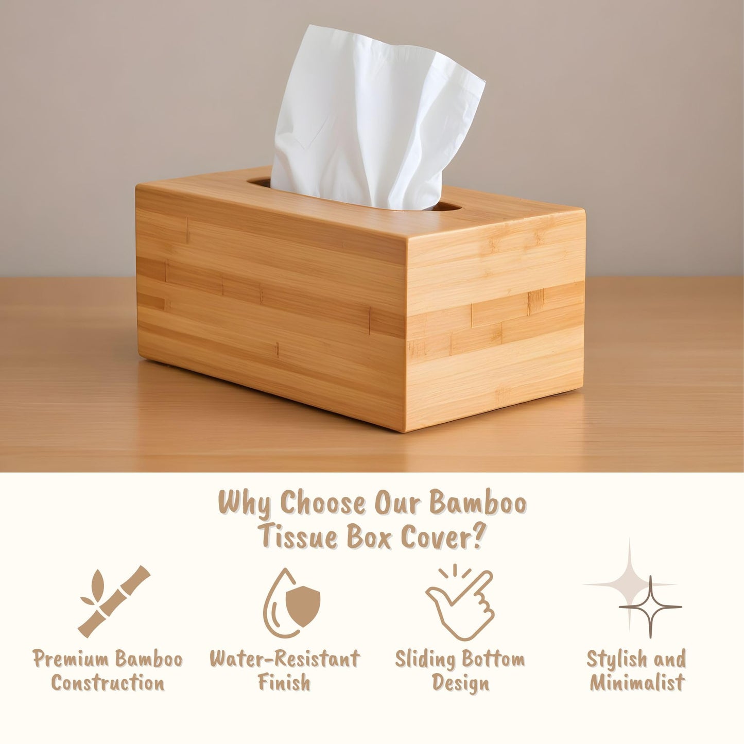 PERFORMORE Bamboo Tissue Box Cover - Water-Resistant Rectangular Wooden Facial Tissue Box with Sliding Bottom - 27x15.5x11.5 cm Wood Kleenex Box Holder - Ideal for Bathroom, Office Desk & Nightstand