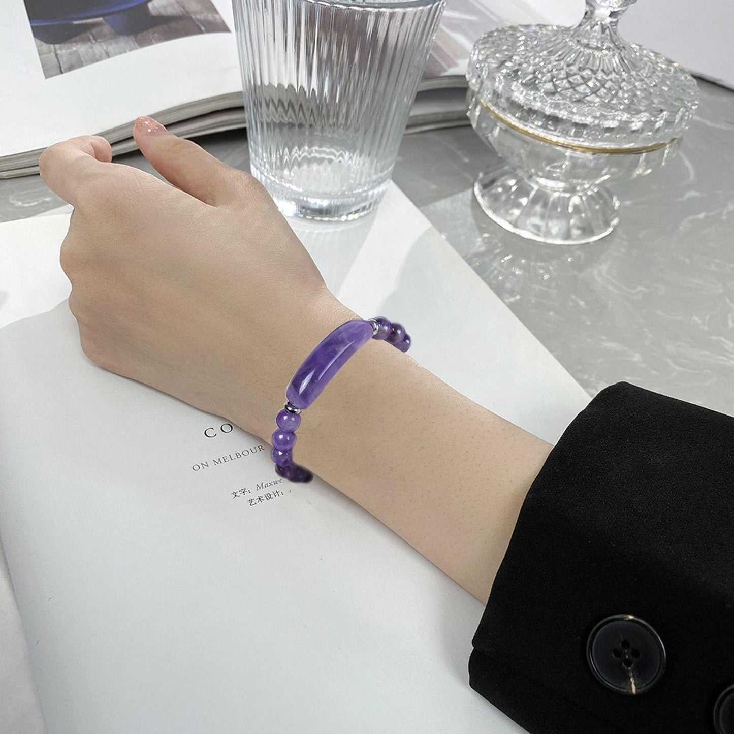 Link Pheromone Bracelet for Women, 8mm Healing Crystal Beads Stretch Bracelet Pink Love Rose Quartz Pheromone Bracelet Handmade Good Luck Energy Chakra Stone Beaded Bangle Jewelry Gifts for Women Mom(Purple)