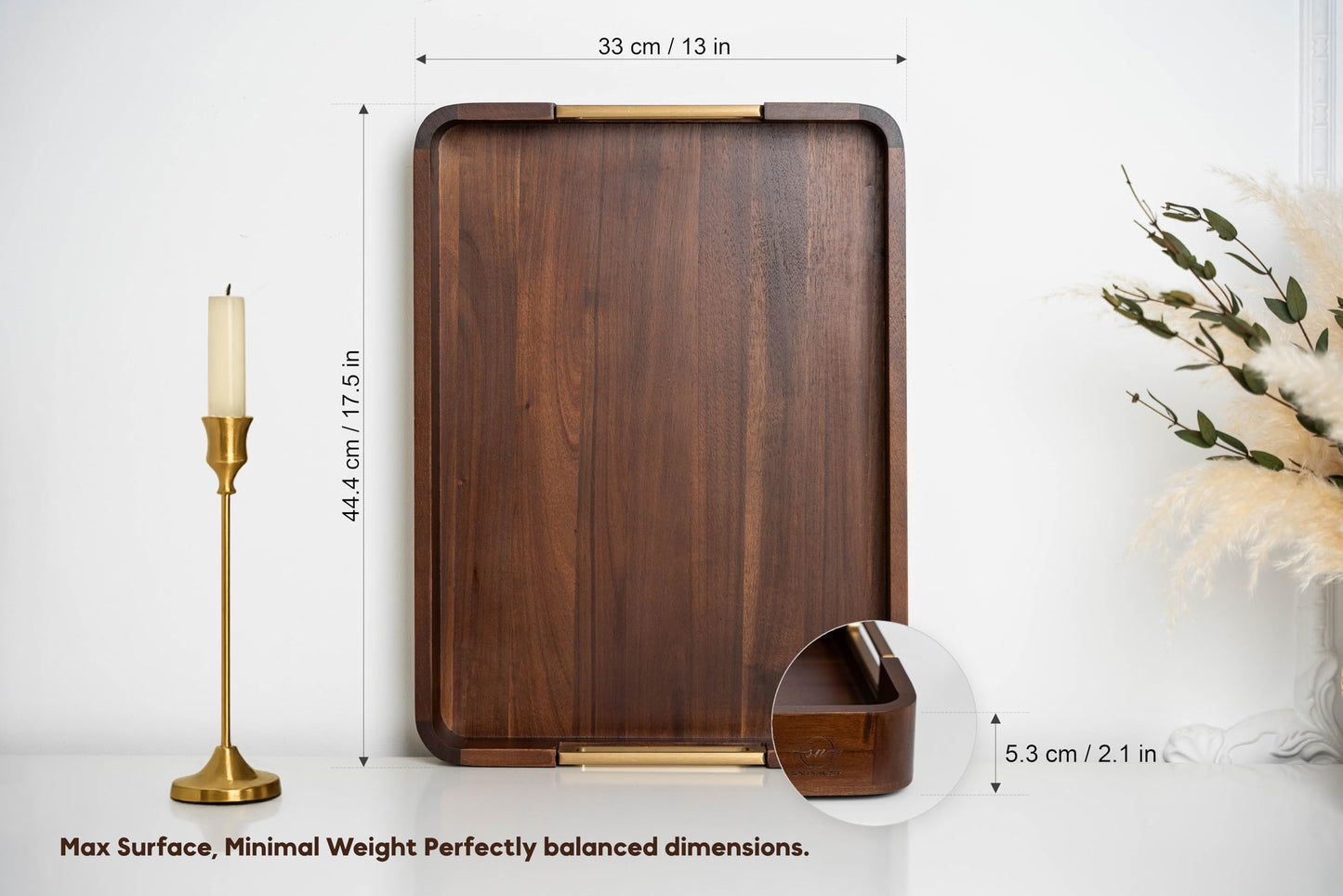 Premium 17.5 x 13 Inch Acacia Wood Serving Tray with Metal Handles – Large Ottoman Coffee Table Centerpiece for Bed, Couch & Patio – Rustic Wood Trays Home Decor for Breakfast, Drinks & Gifts