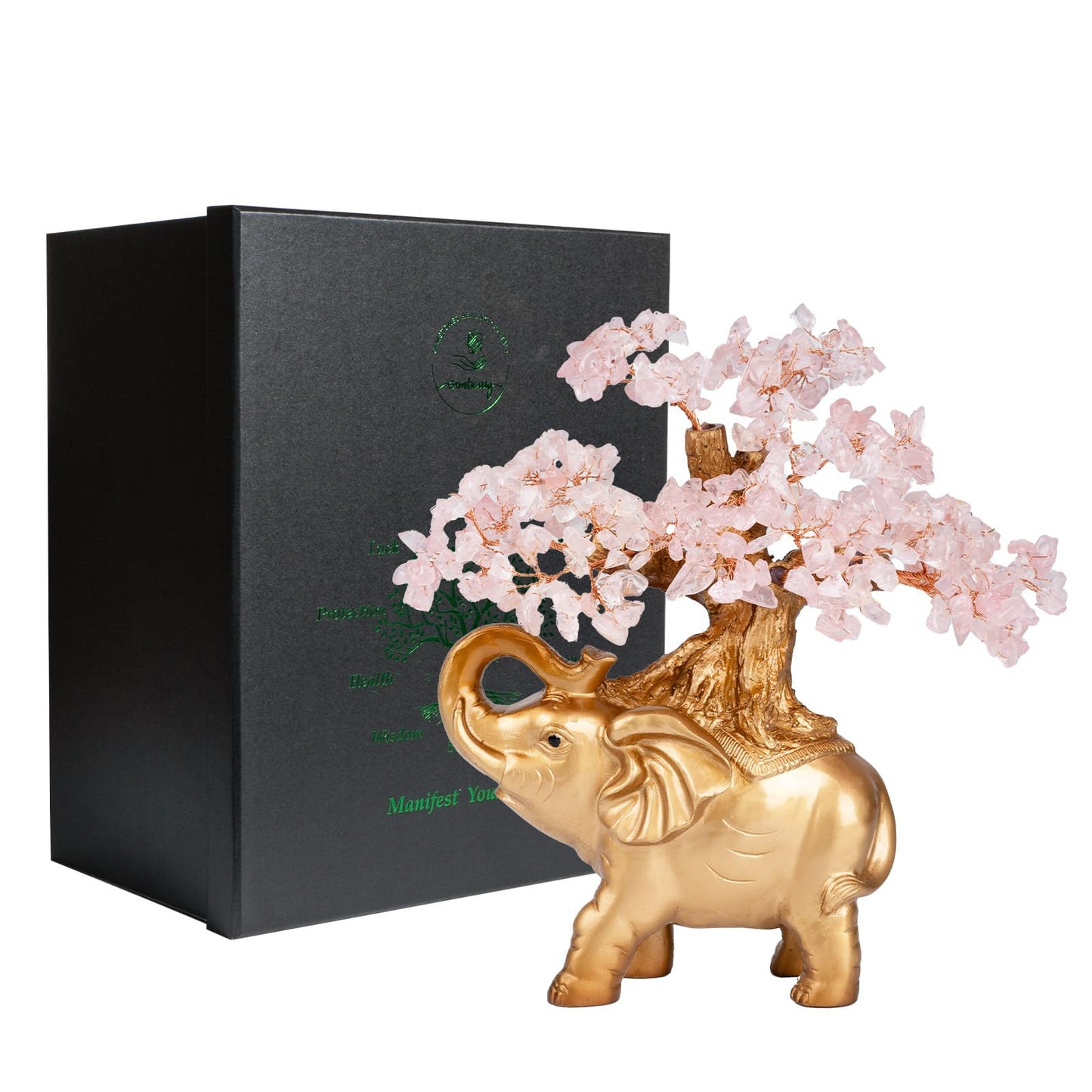 GEMBOURY Rose Quartz Crystal Money Tree on Gold Mini Elephant Statue, 10”Gemstone Bonsai Tree of Life Home Décor Gifts for Wealth Positive Energy, Feng Shui Décor