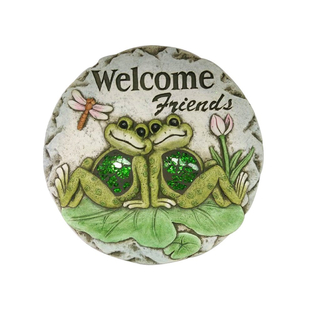 Comfy Hour 10" Frog Garden Stepping Stone, Welcome Friends Concrete Decorative Plaque, Artisan Crafted Walkway Accent for Outdoor Patio & Lawn, Green & Grey, 1 Unit