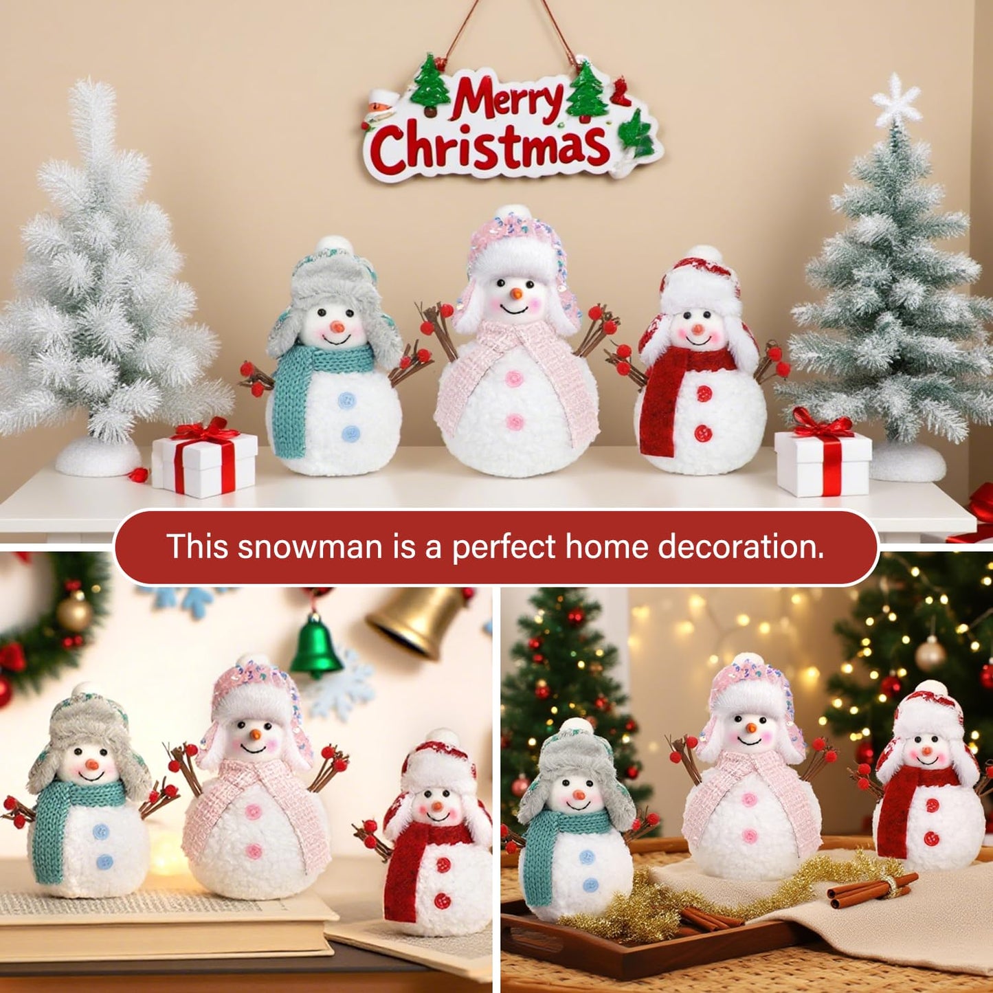 Yonsya Set of 3 Christmas Snowmen Plush Decorations, Xmas Farmhouse Tiered Tray Tree Christmas Decor Collectible Figurines - Home Tabletop Elf Ornaments (3, Snowmen)
