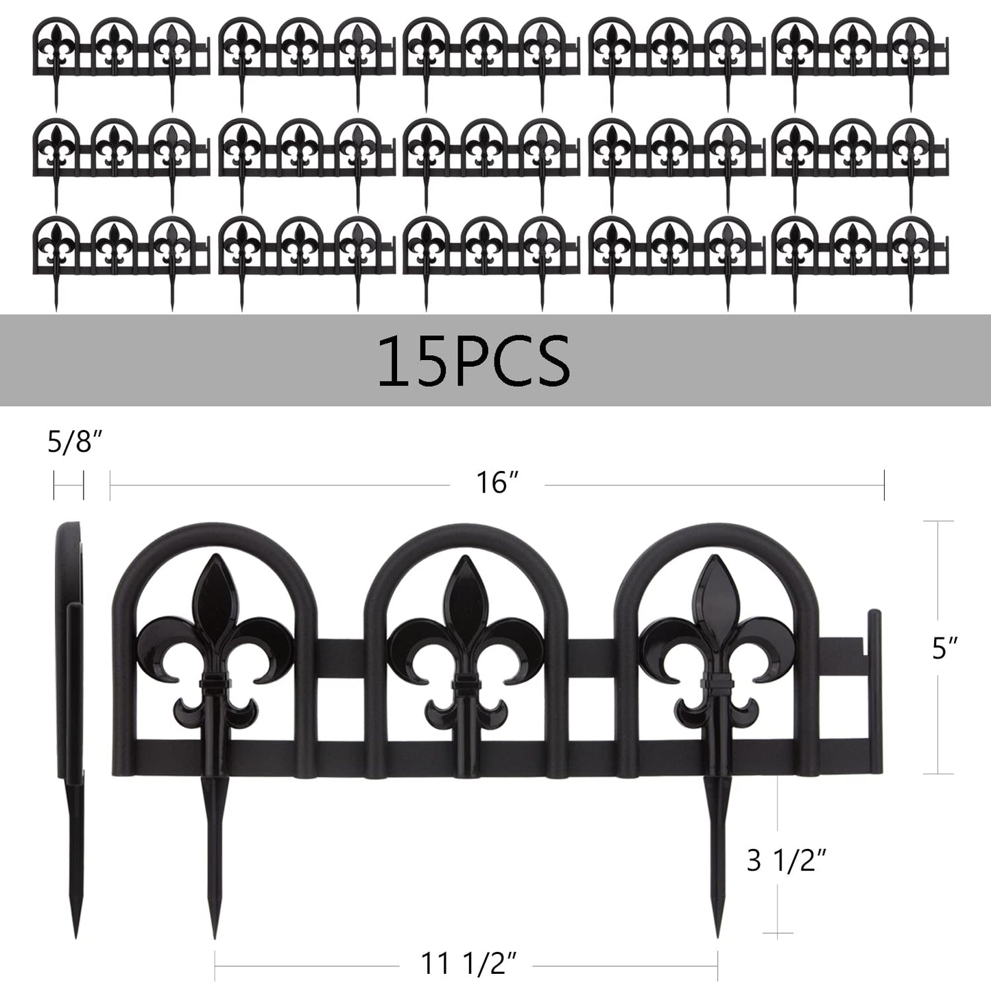 Evelyne Black Garden Border Plastic Edging – PP Plastic, Metal-Free Wrought Iron Look Design, 15pcs Black Yard Landscaping Fence Liner Lawn Edge Barrier, 20ft Kit of Decorative Lawn Landscape Panels