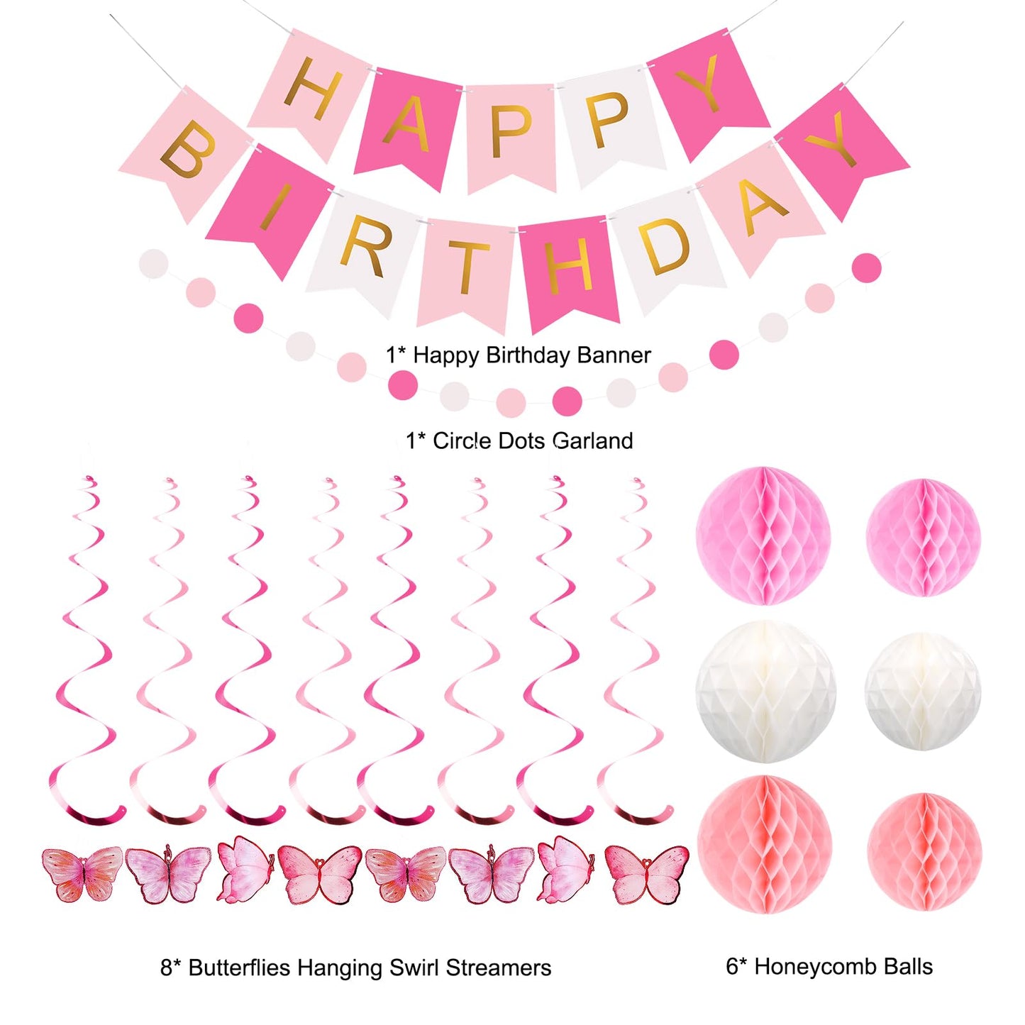 meowtastic Birthday Decorations, Happy Birthday Banner with Honeycomb Balls, Butterfly Hanging Swirl Streamers, Circle Dots Garland, Happy Birthday Party Decorations for Women Girls (Pink & White)