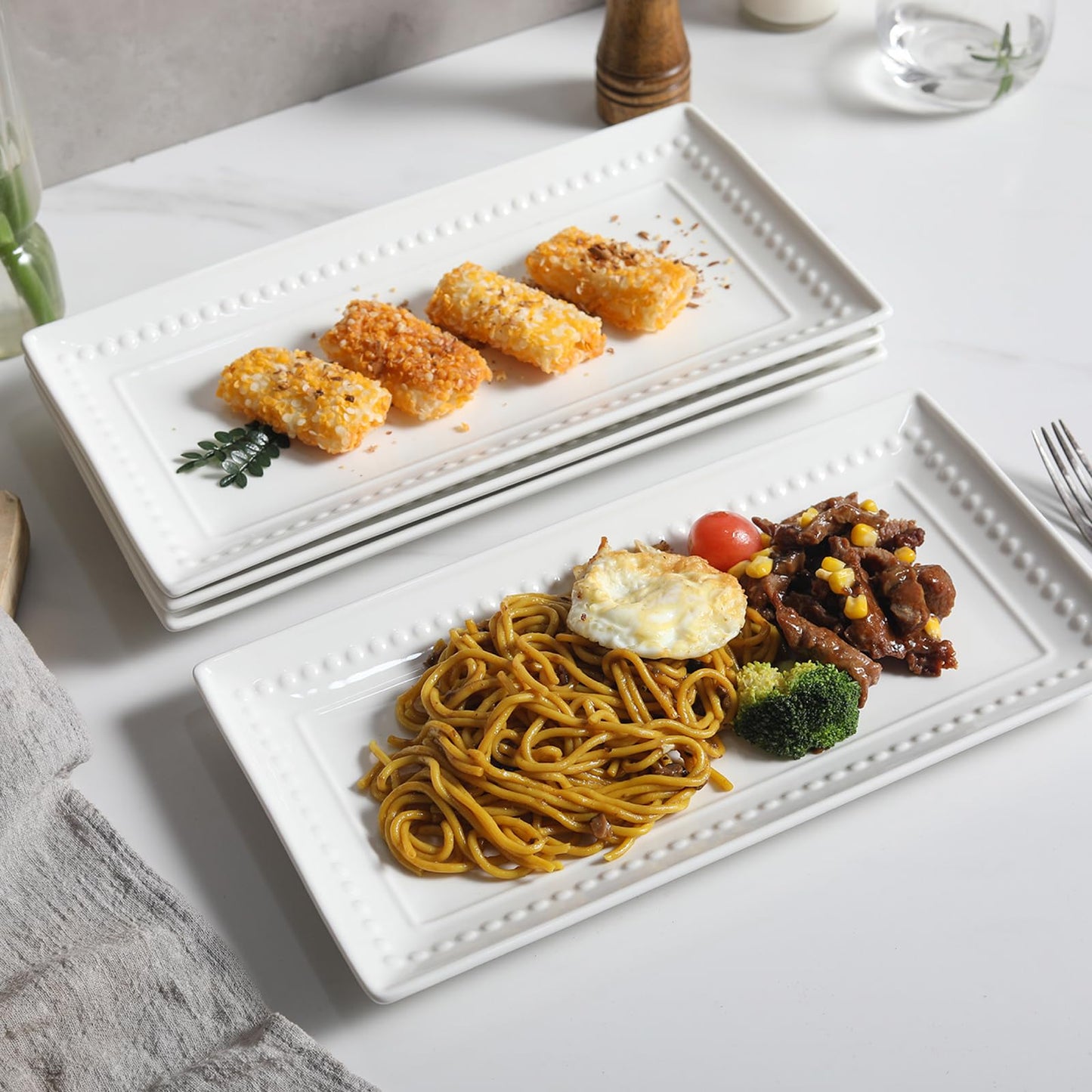 Feenmai 14 inch Ceramic Serving Platter - Rectangular Serving Trays Set of 4, Large Embossed Plates, Porcelain White Platters for Steak, Appetizer, Dessert, Tacos, Housewarming, Oven Dishwasher Safe