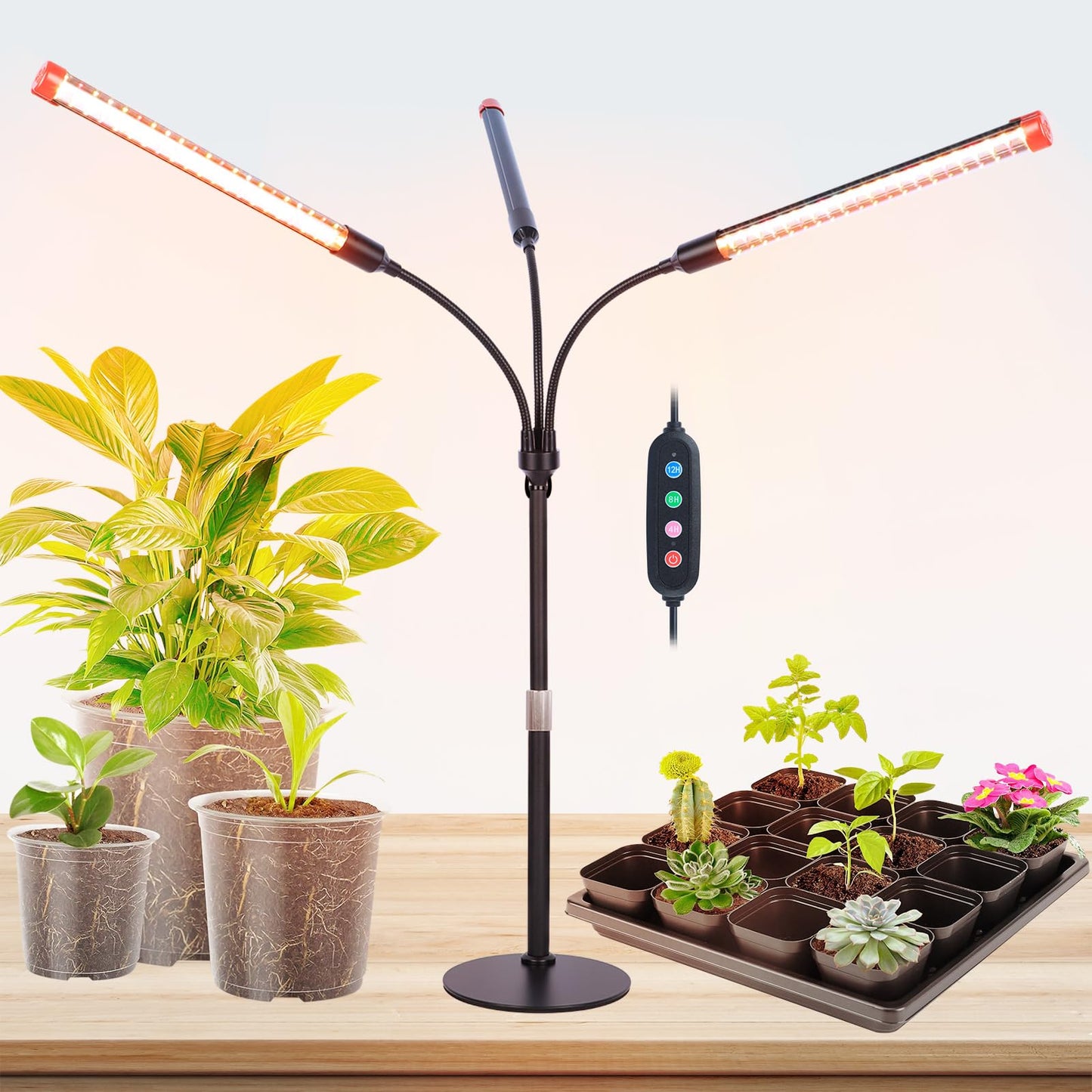 FECiDA 2026 3Head Table Top Grow Lights for Seed Starting, Indoor Plants, Bonsai, 27 Watt Power Draw, NO Need Adapter, 4/8/12/16/20H Timer, 16"-24" Height Adjustable