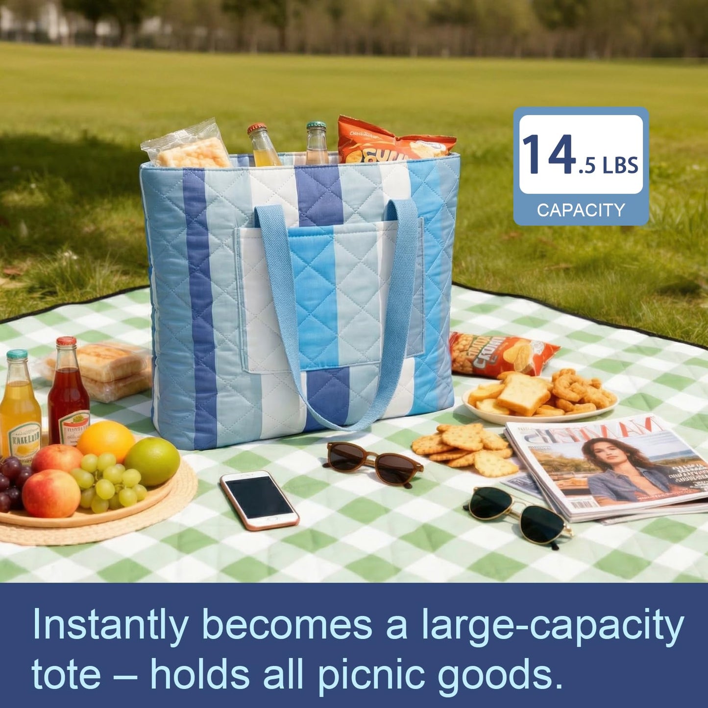 JACTUM 2 in 1 Tote Picnic Blanket Waterproof Outdoor Camping Mat,Large Capacity Beach Blanket 80''x80'' 7 Layers Easy to Foldable and Carry.