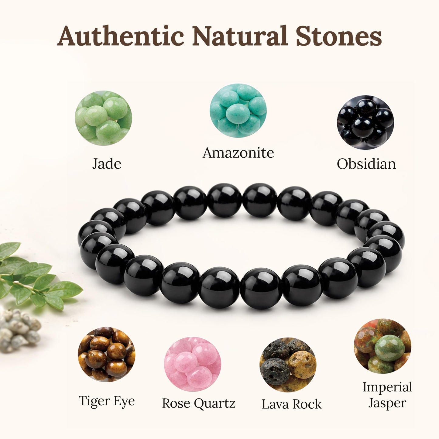Elm City Direct 8mm Natural Stone Beaded Bracelet – Unisex Crystal Stretch Bracelets for Men & Women, Chakra & Healing Jewelry, Gift-Ready Beaded Bracelets (Obsidian, 8mm)