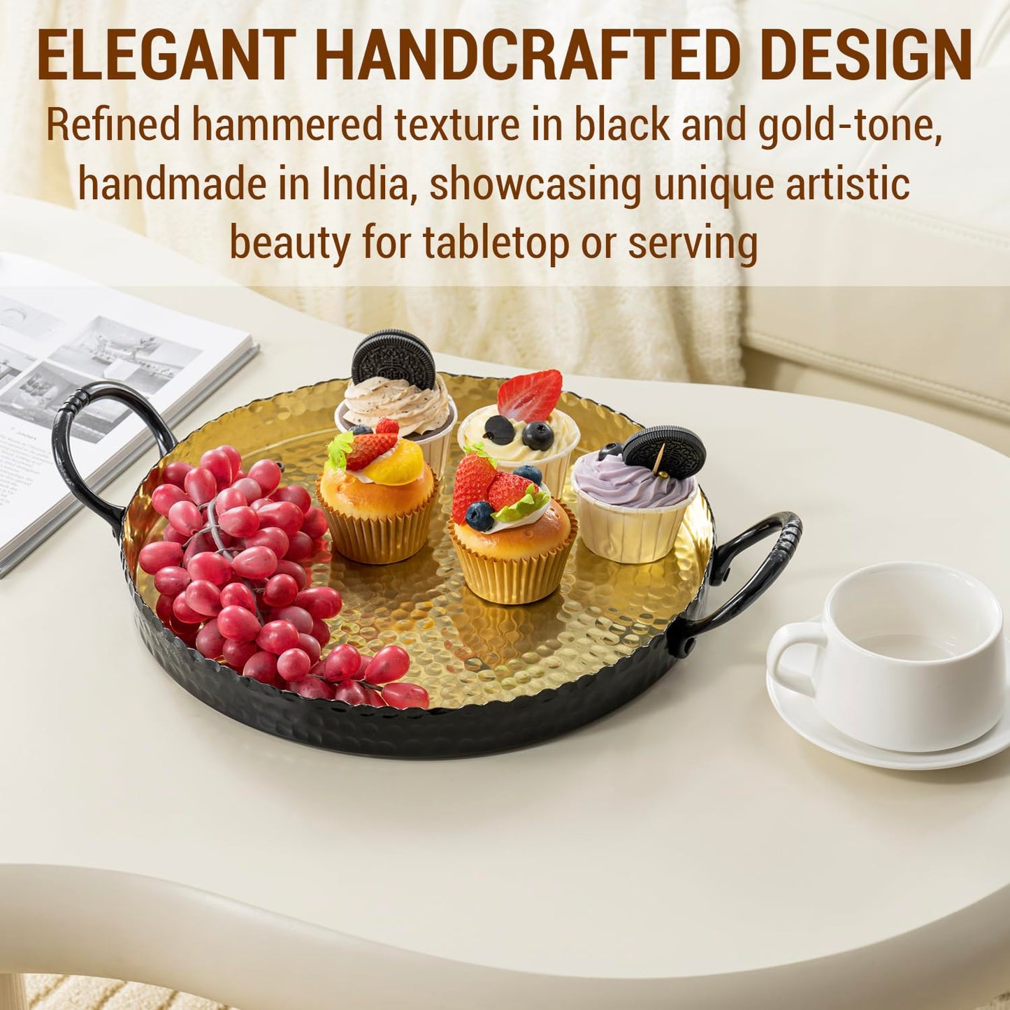 MyGift 12-Inch Black and Gold Metal Round Display Tray – Handcrafted Hammered Design Serving Platter or Tabletop Centerpiece, Handmade in India