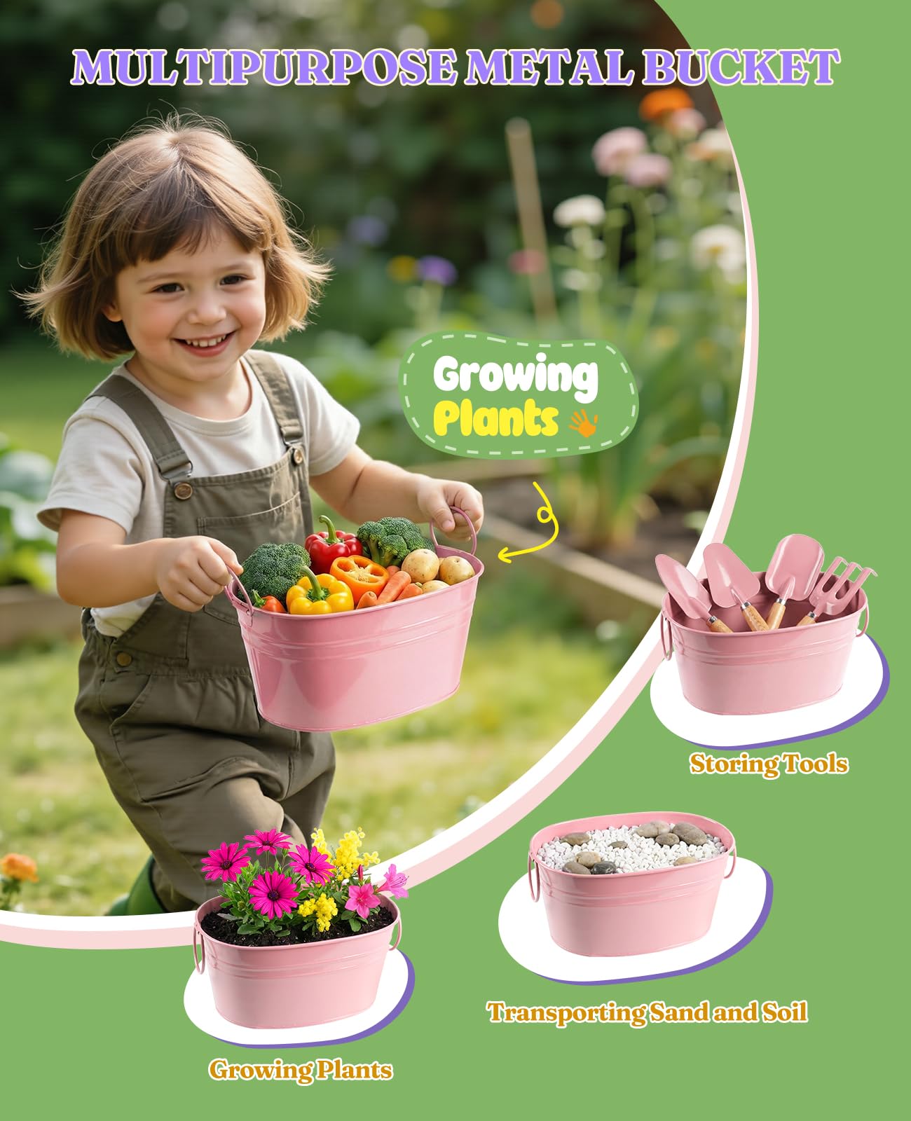 8Pcs Kids Gardening Set with Metal Basket & Real Metal Tools, STEM Outdoor Exploration Kit, Ergonomic Wooden Handles, 3 Shovels, Rake, Watering Can, Gloves, Tote Bag, Toy Gift for Toddler Boys Girls