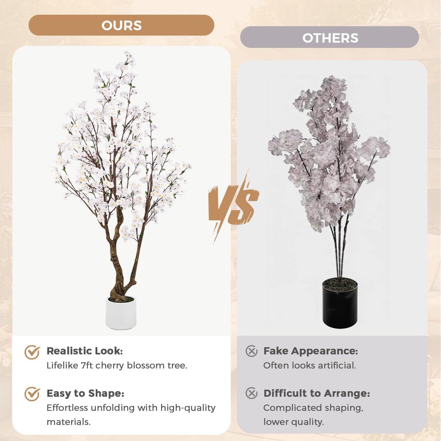 Artificial Cherry Blossom Tree, 7FT Tall Artificial Tree with White Pot, White Fake Sakura Flower Tree, Faux Silk Plants for Home, Living Room, Wedding, Garden, Balcony, Hotel Decoration