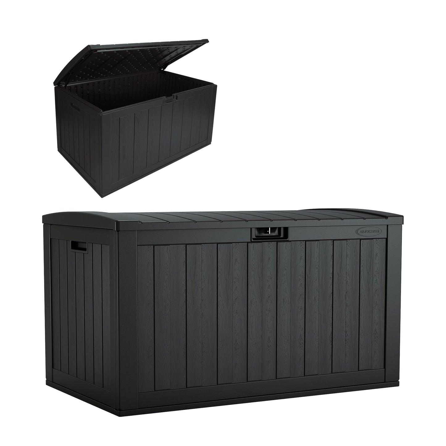 Suncast 134-Gal. Resin Extra-Large Outdoor Patio Deck Box with Pad-Lockable Lid, Modern Outdoor Patio Bench/Storage Box for Cushions, Garden Tools, and More, Iron Ore
