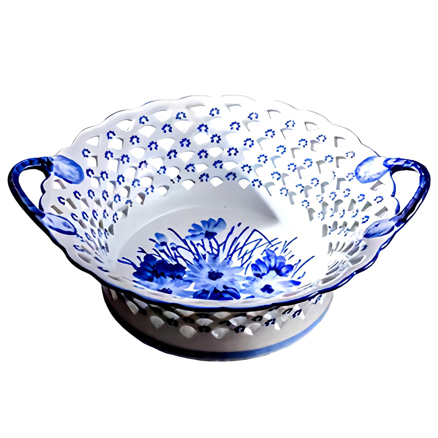 YYMayLsh Blue and White Ceramic Fruit Bowl with handle, Porcelain Decoration Bowl, Fruit Serving Plate, Storage Bowl, Decorative for Kitchen Counter, Home Decor