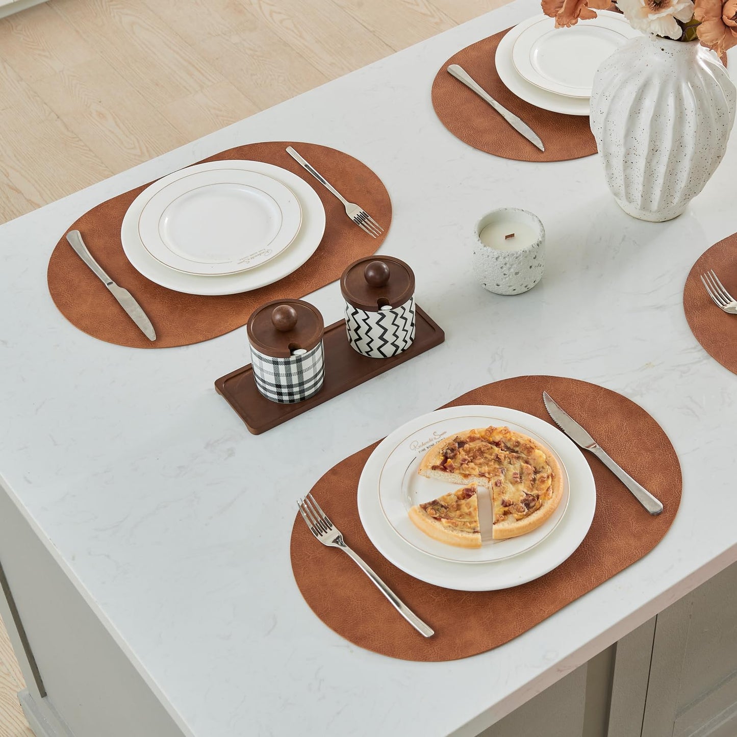 YLUSUJAKX Faux Leather Placemats Set of 6, Heat Resistant Oval Placemats 12" x 18", Waterproof Non-Slip Dining Table Mats for Kitchen Farmhouse Modern Home Decor