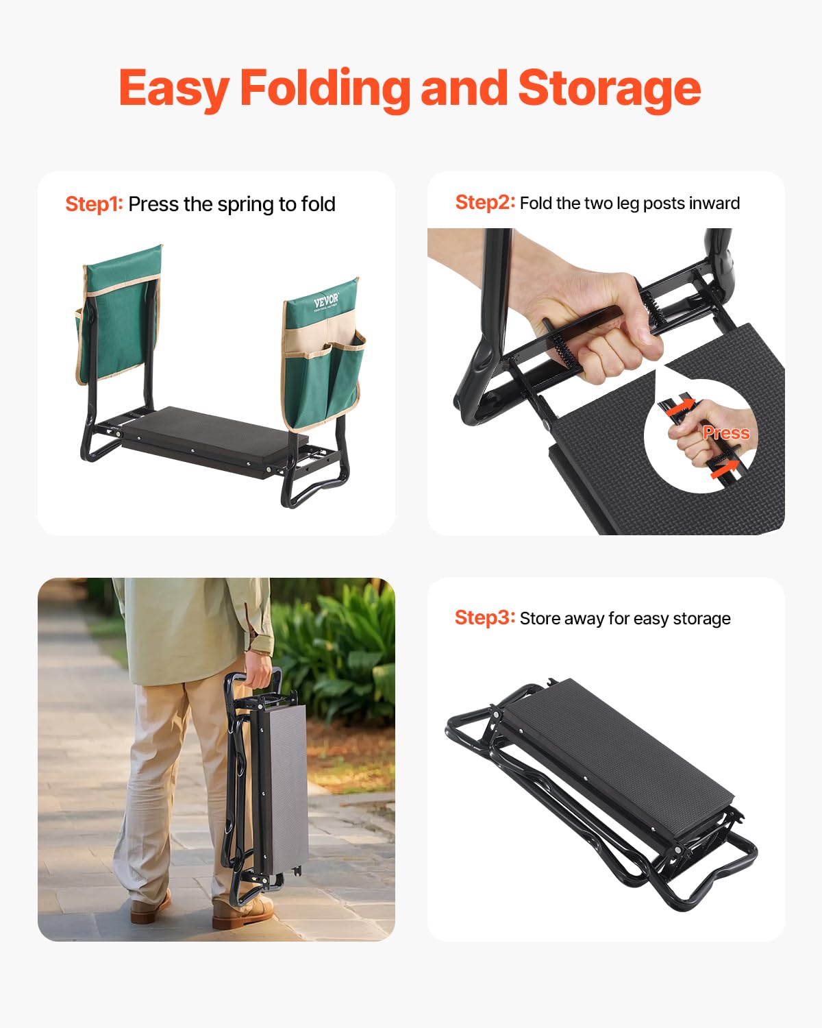 VEVOR Garden Kneeler and Seat, 330 lbs Load Capacity, 8" EVA Wide Pad, Foldable Garden Stool, Kneeling Bench for Gardening with Tool Bag, Gifts for Women, Grandparents, Seniors, Mom and Dad