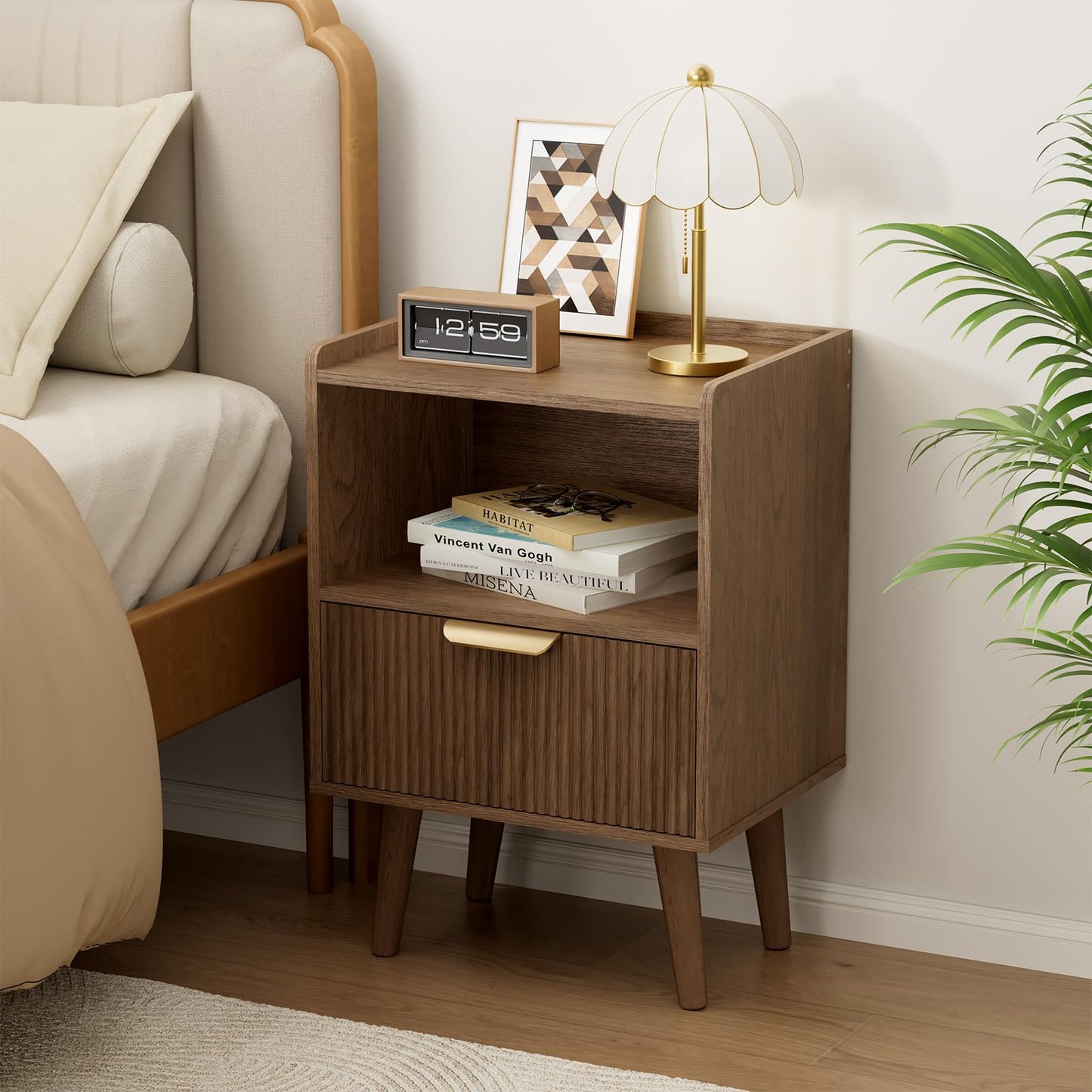 Apicizon Modern Nightstand with Storage Drawer and Open Wood Shelf, Fluted Night Stand with Solid Wood Legs, Bedside Table for Bedroom,Small Spaces, Easy Assembly,Walnut