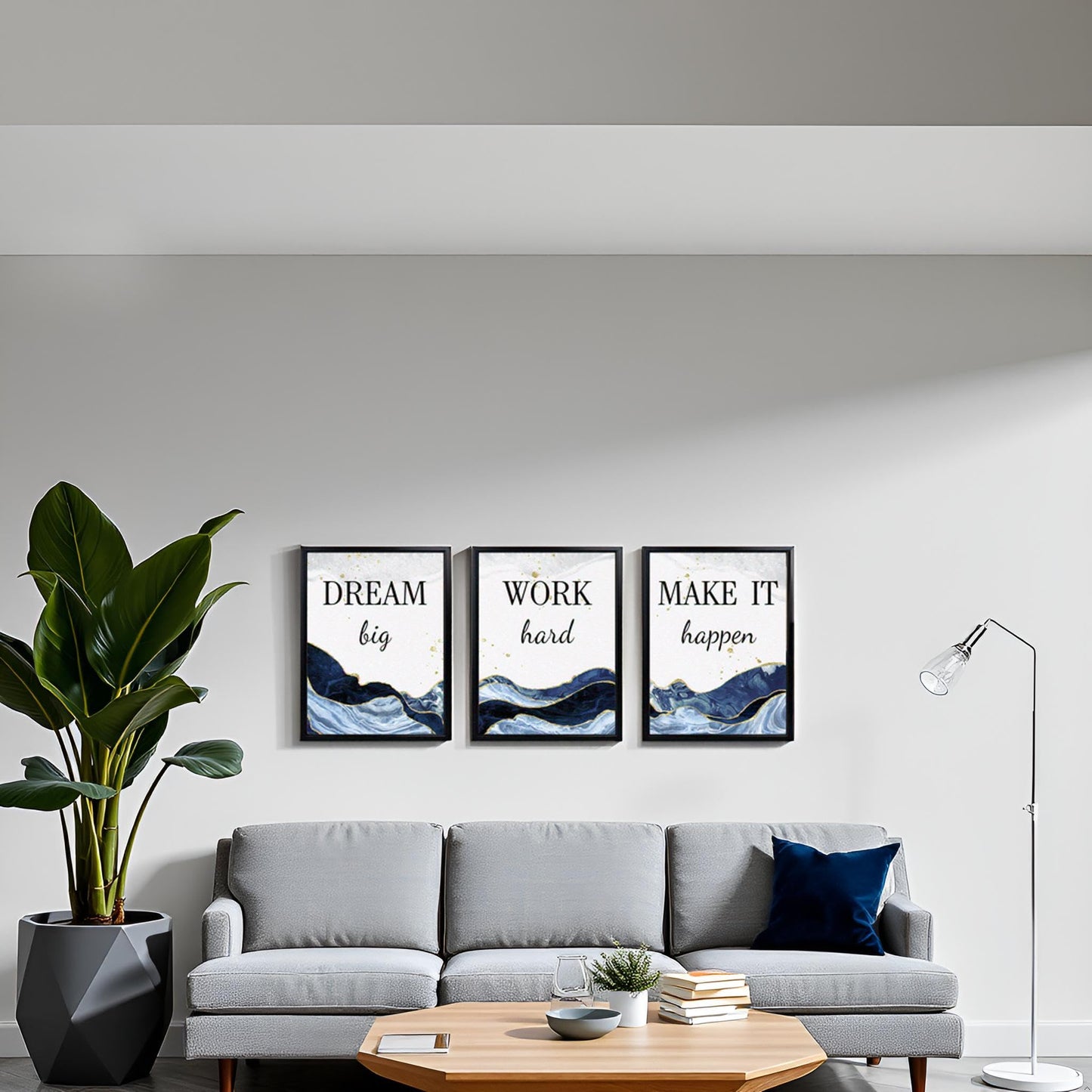 LevvArts Motivational Office Decor Dream Big Work Hard Make It Happen Inspirational Quotes Wall Art Prints Blue and Gold Artwork (Blue)