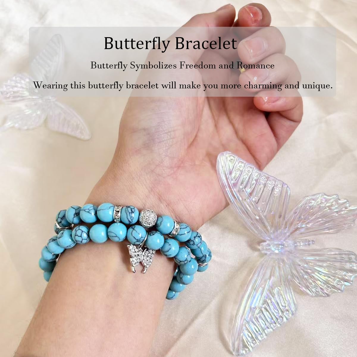 SNXPPFDC Crystal Bracelet - Healing Turquoise Bracelet - Butterfly Bracelets for Women - 8mm Natural Stone Beads Chakra Bracelets Couple Bracelets Friendship Bracelet (Turquoise, Butterfly)