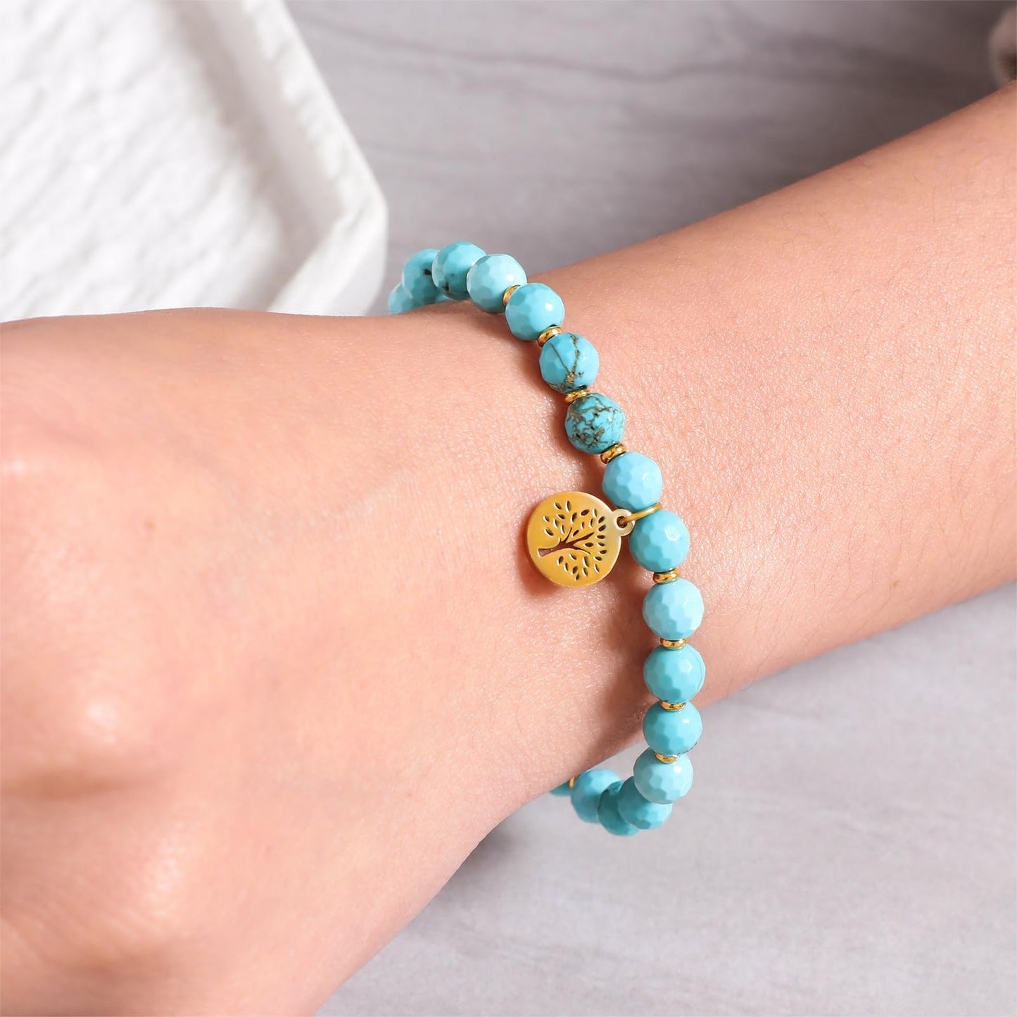 TaYolnFaSo Natural Turquoise Stretch Bracelet Stainless Steel Handmade Tree of Life Charm Turquoise Beaded Jewelry Gift for Women Men