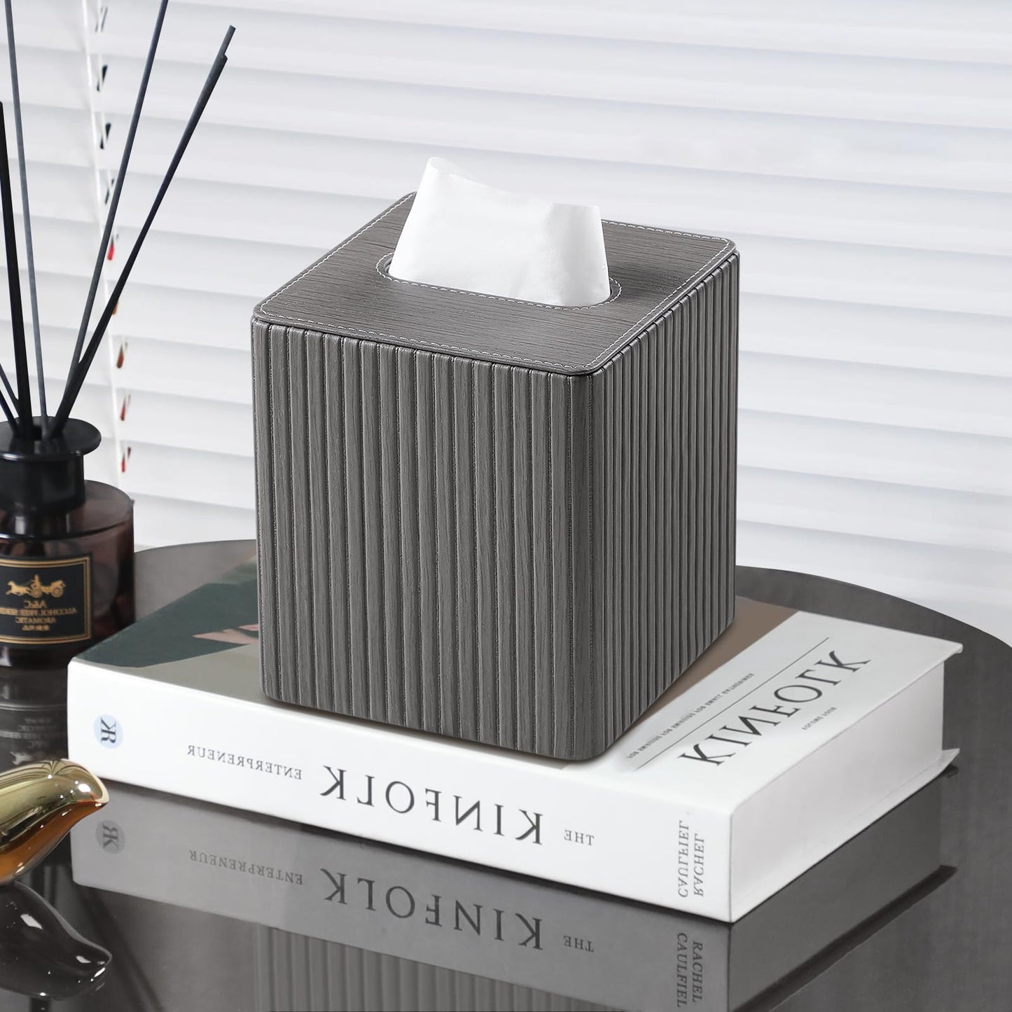 MEIBOOCH PU Leather Tissue Box Cover Square Tissue Box Holder with Magnetic Closure (Slate Grey)