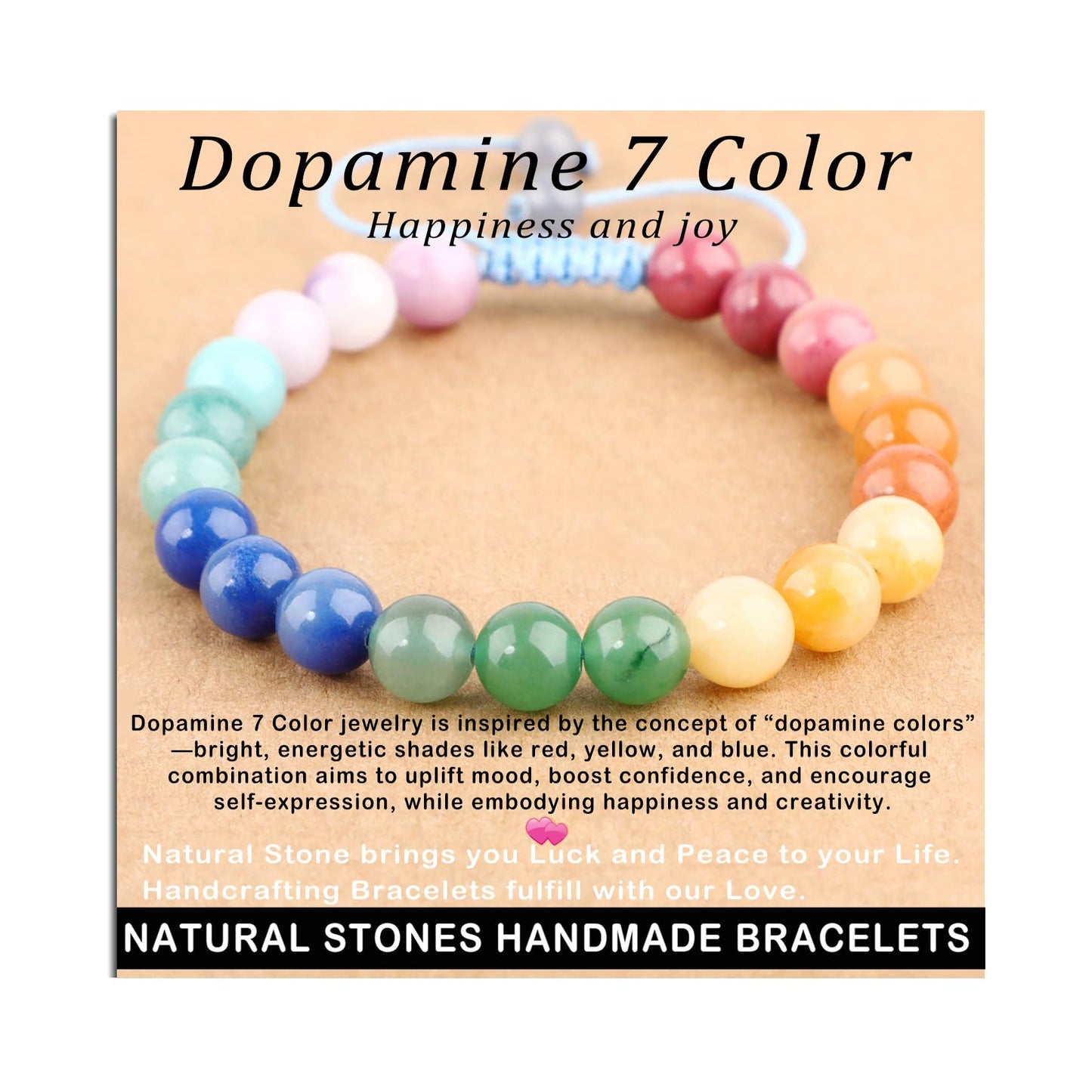 AD Beads 8mm Dopamine 7 Color - Happiness and Joy - Handmade Natural Stone Crystal Bracelet with Adjustable Macrame String - Yoga Healing Power Energy Gifts for Men and Women