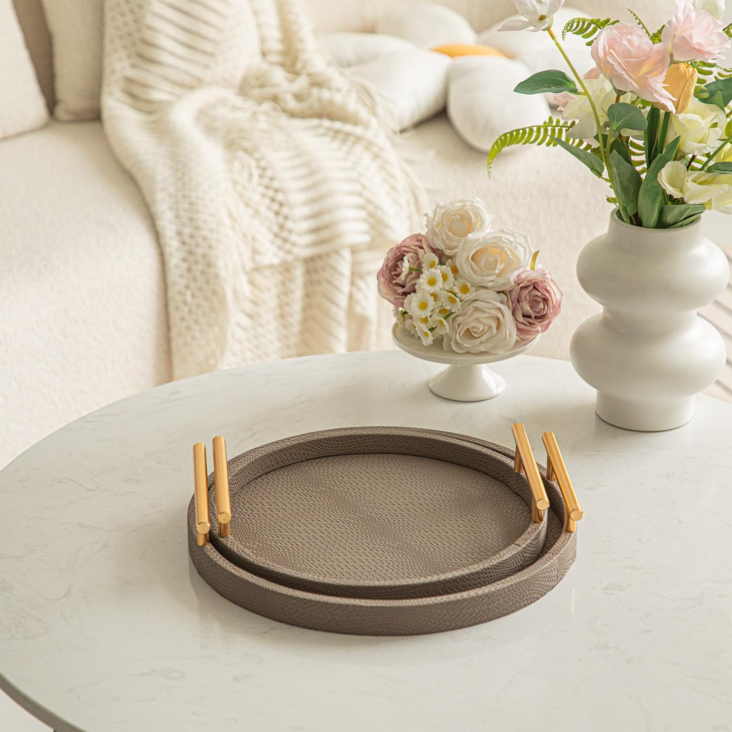 MACVAD 2 Piece Coffee Brown Round Serving Tray with Handles, Woven-Texture Faux Leather Ottoman Tray for Living Room, Decorative Tray for Coffee Table Home Decor