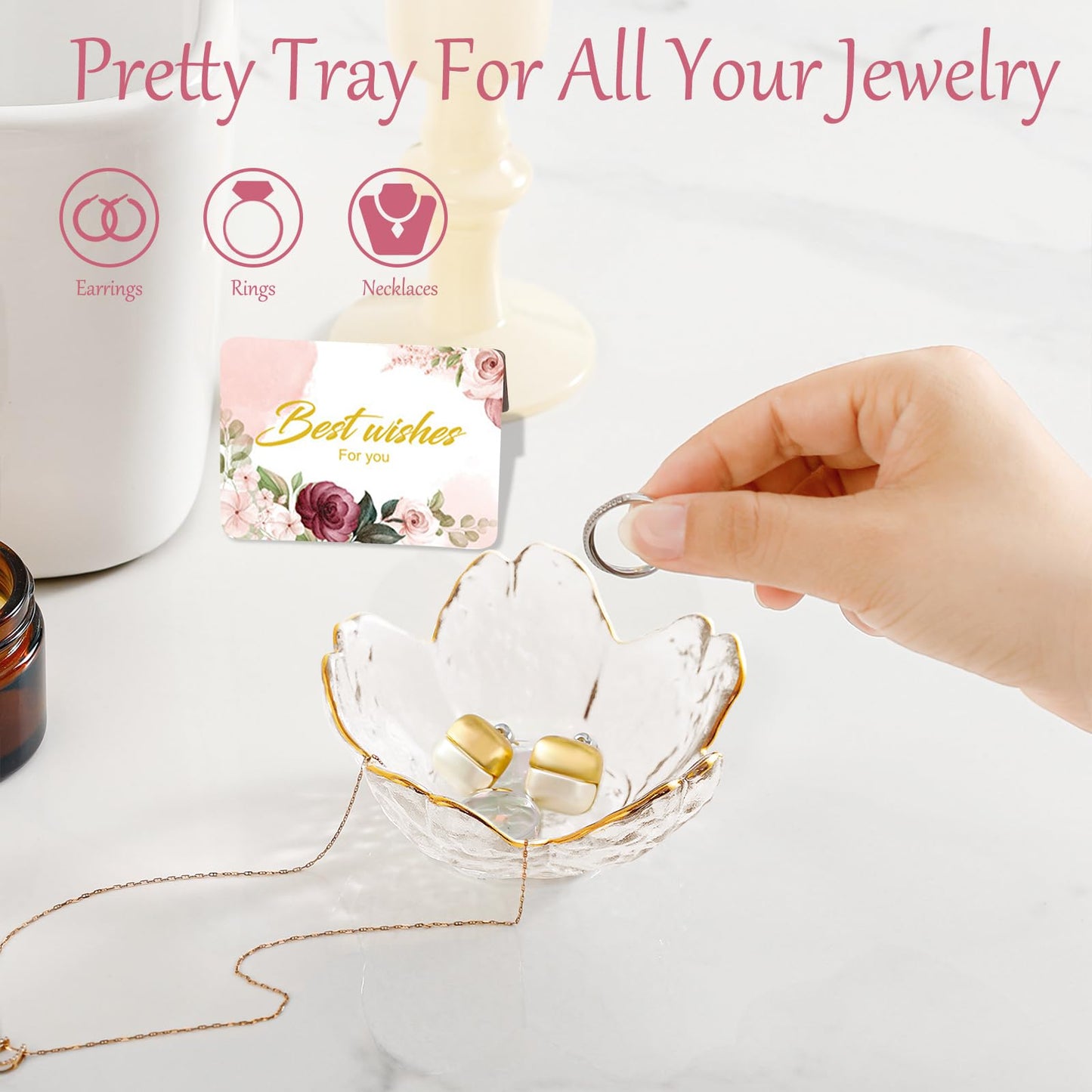 Birthday Gifts for Women Jewelry Dish Glass Ring Dish Holder Jewelry Tray Cute Vanity Organizer Room Decor Jewellery Tray Crystals Trinket Dish Nightstand Bedroom Decor Christmas Friendship Gifts