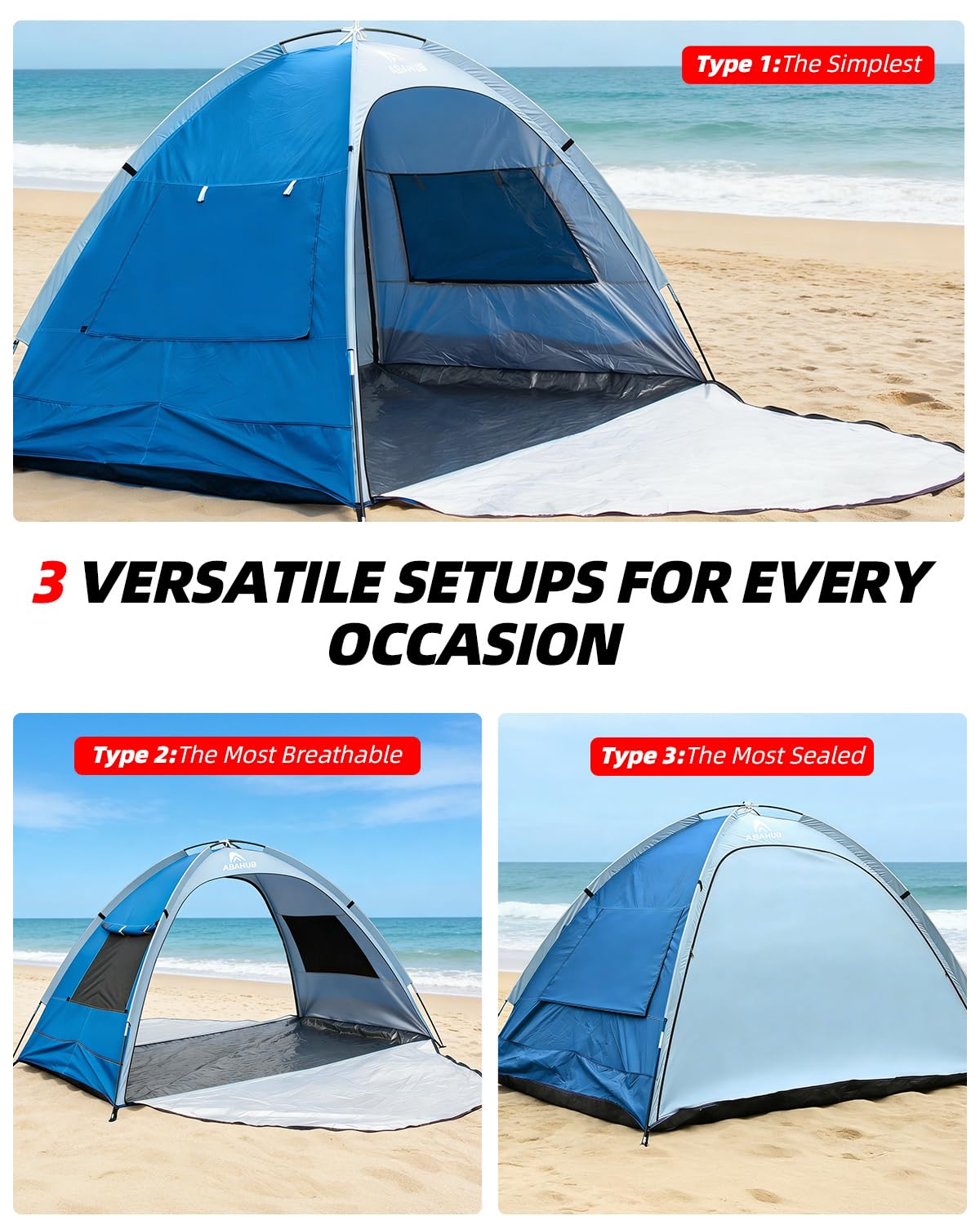 Abahub 3-Person Beach Tent Sun Shelter, UPF 50+ UV Protection Portable Sun Shade with 2 Doors and 2 Mesh Windows, Lightweight Beach Cabana for Beach, Camping, Fishing & Outdoor Activities