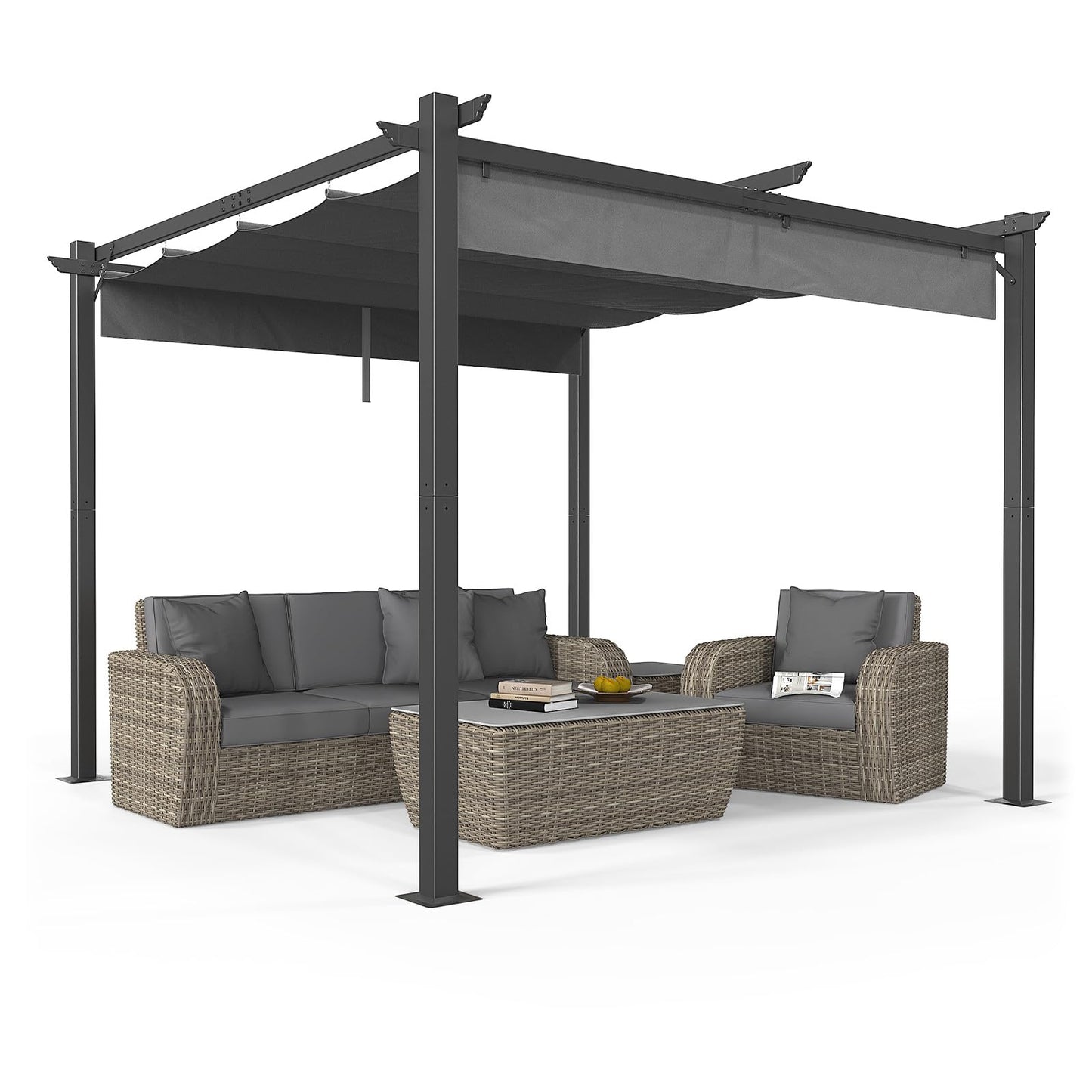 VINGLI 10’x 10' Outdoor Pergola Retractable Aluminum Pergola Canopy with Adjustable Roof, Patio Pergola for Deck, Porch, Garden, Yard (Gray)
