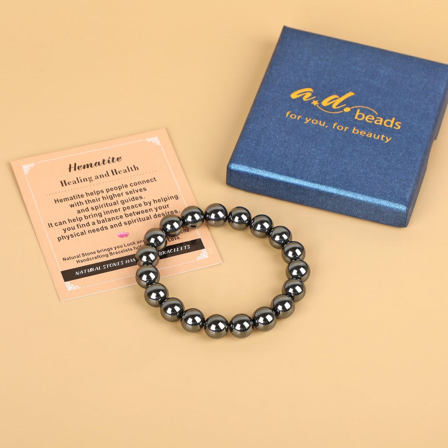 AD Beads Handmade Gemstone Stretch Elastic Bracelet Crystal Healing Reiki Nature's Beauty and Spiritual Essence Unisex (8mm, Hematite (Healing and Health))