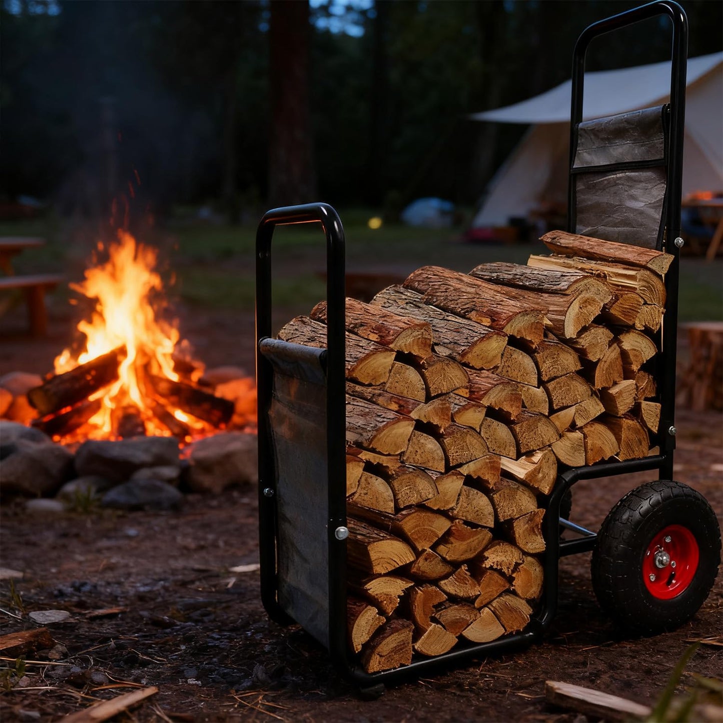 Doublehorse Firewood Cart with Pneumatic Wheel: 27 x 20 x 44 in Large Heavy Duty Metal Waterproof Portable Storage Rack - for Outdoor Camping Backyard Fireplace Indoor Use for Women Men